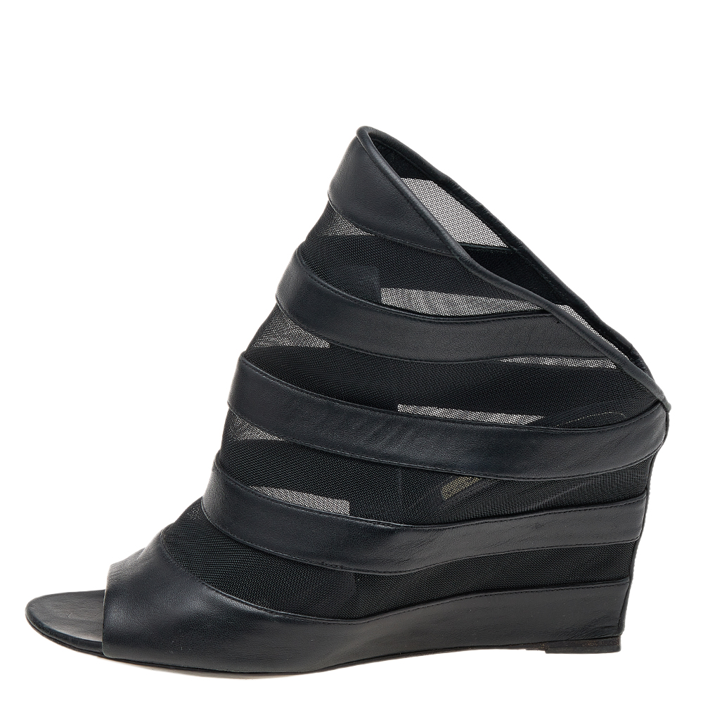 

Balenciaga Black Leather and Mesh Prism Wedge Sandals Size