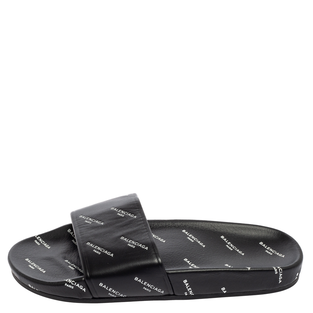 

Balenciaga Black All-Over Logo Stamped Leather Flat Slides Size