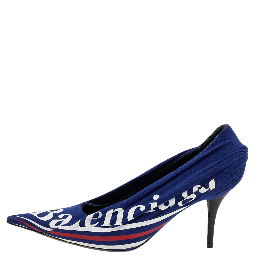 

Balenciaga Blue Fabric And Leather Knife Logo Pointed Toe Pumps Size