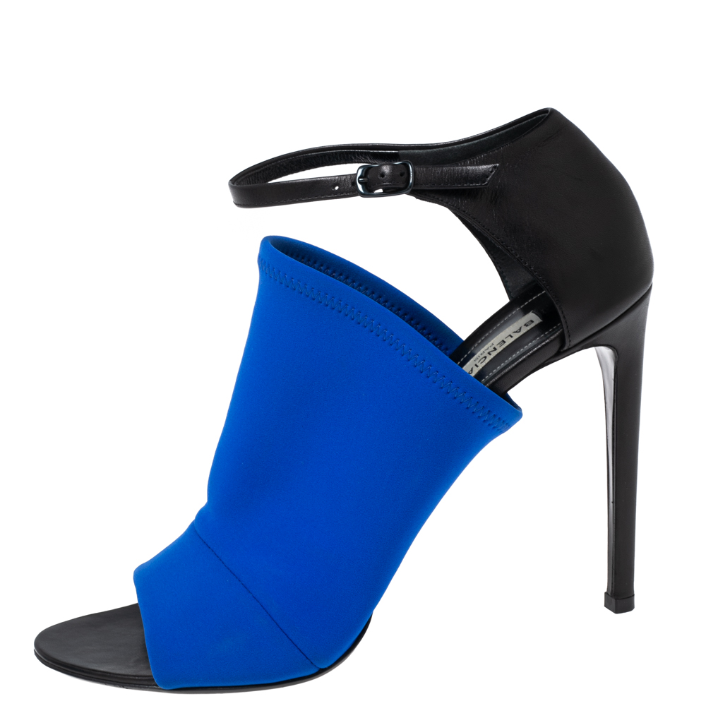 

Balenciaga Blue Fabric And Black Leather Neoprone Peep-Toe Ankle Strap Sandals Size