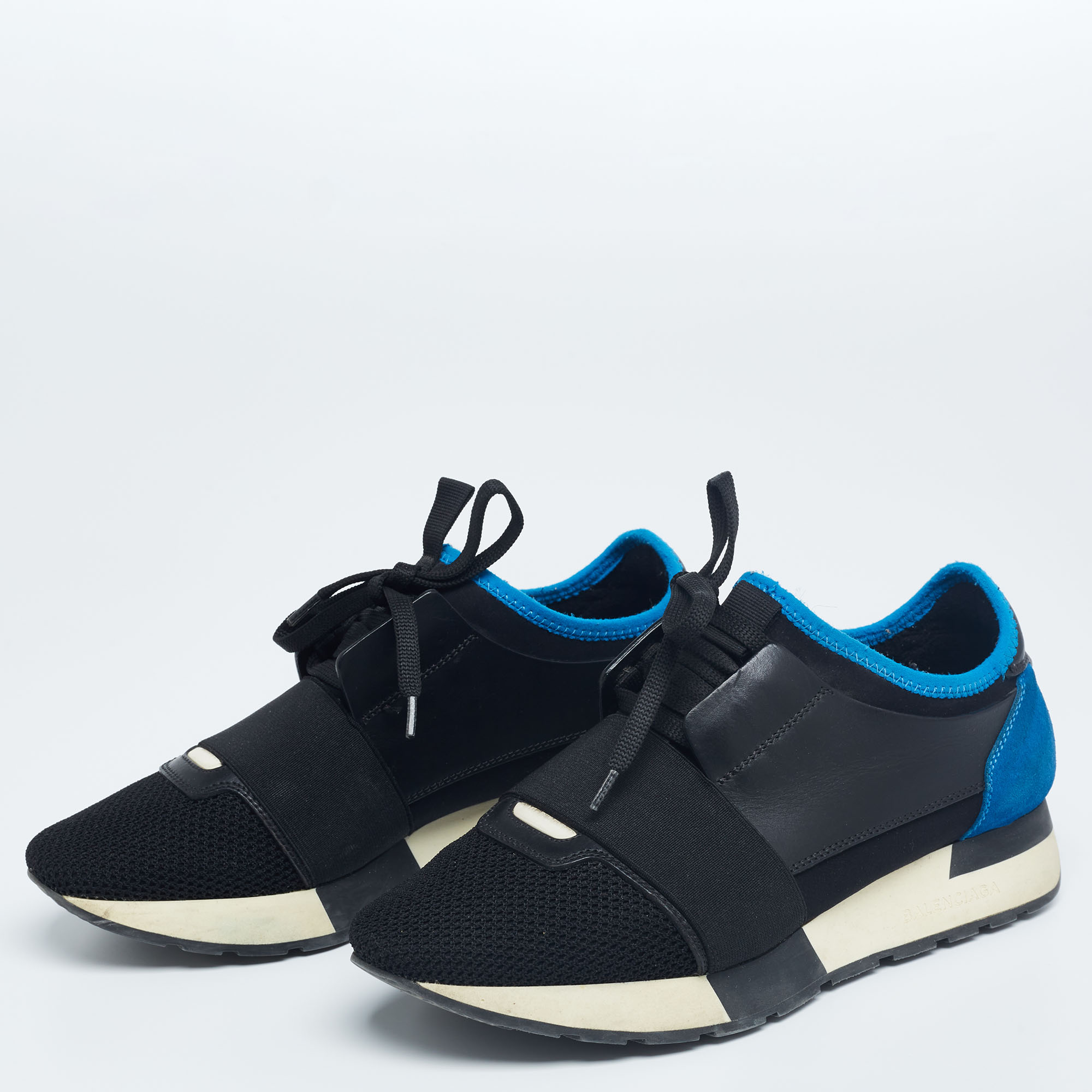 

Balenciaga Black/Blue Leather And Mesh Race Runner Sneakers Size