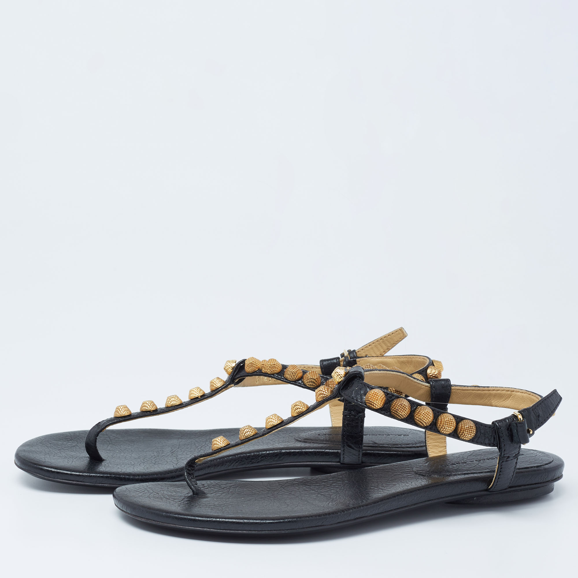 

Balenciaga Black Leather Studded Arena Thong Sandals Size