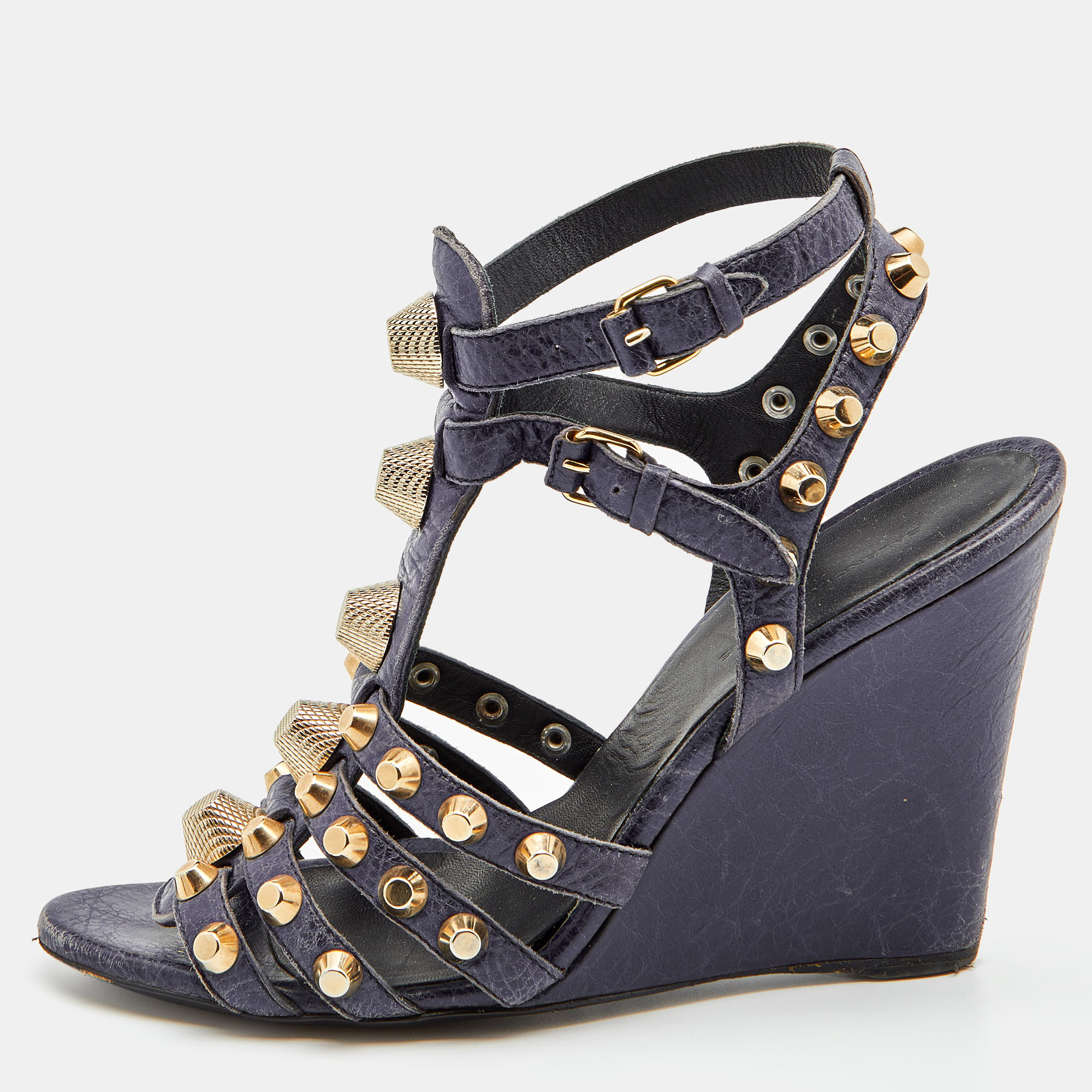 Pre-owned Balenciaga Navy Blue Leather Arena Studded Gladiator Wedge Sandals Size 40