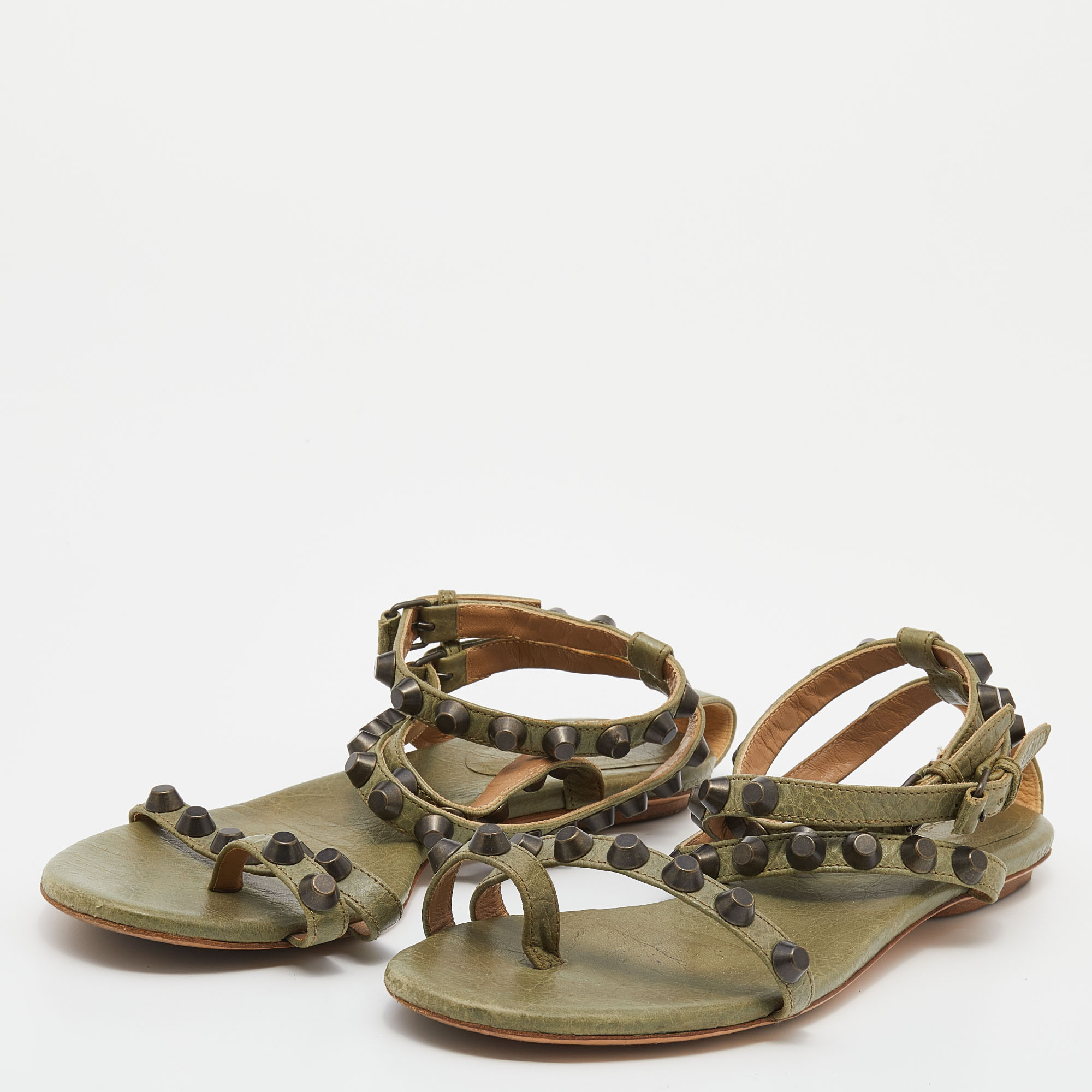 

Balenciaga Green Leather Studded Flat Strappy Sandals Size