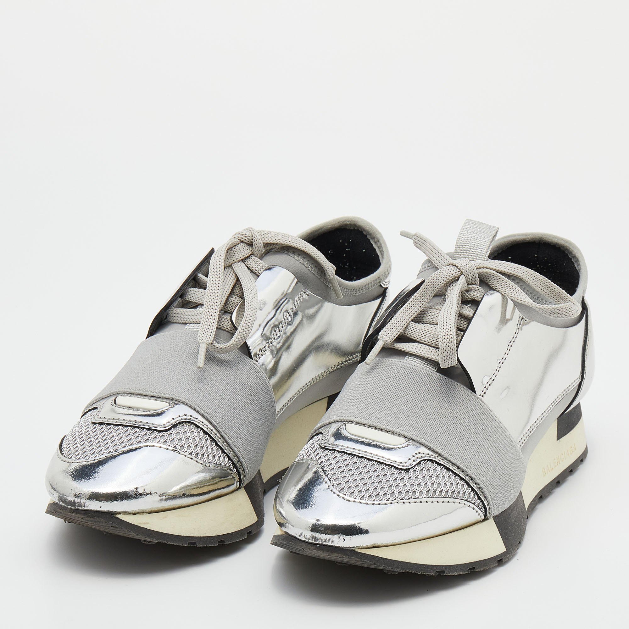 

Balenciaga Silver/Grey Leather And Mesh Race Runner Low Top Sneakers Size