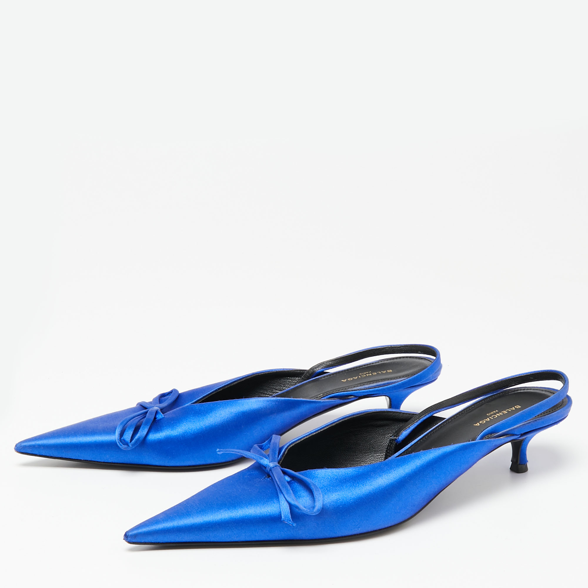 

Balenciaga Blue Satin Bow Knife Slingback Sandals Size