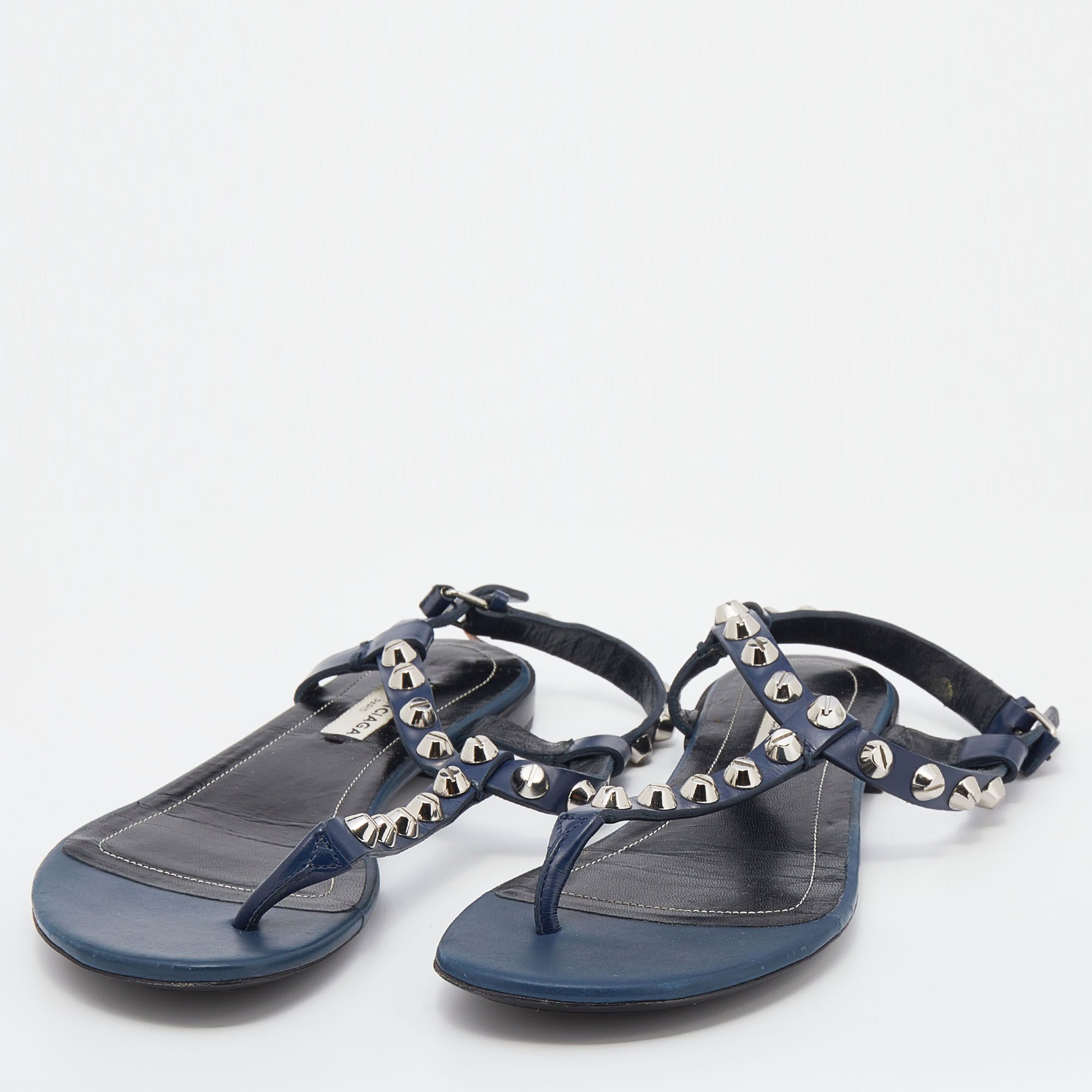 

Balenciaga Navy Blue Leather Arena Studded Ankle Strap Flat Sandals Size