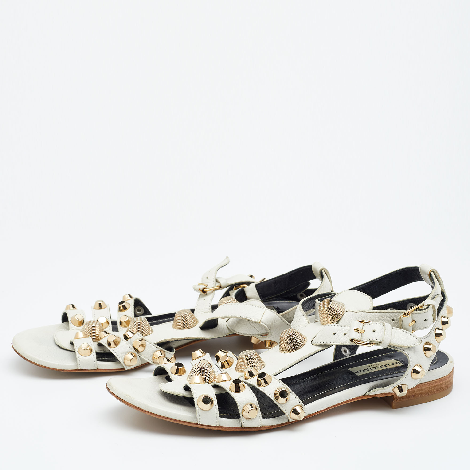 

Balenciaga White Leather Studded Ankle Strap Flat Sandals Size