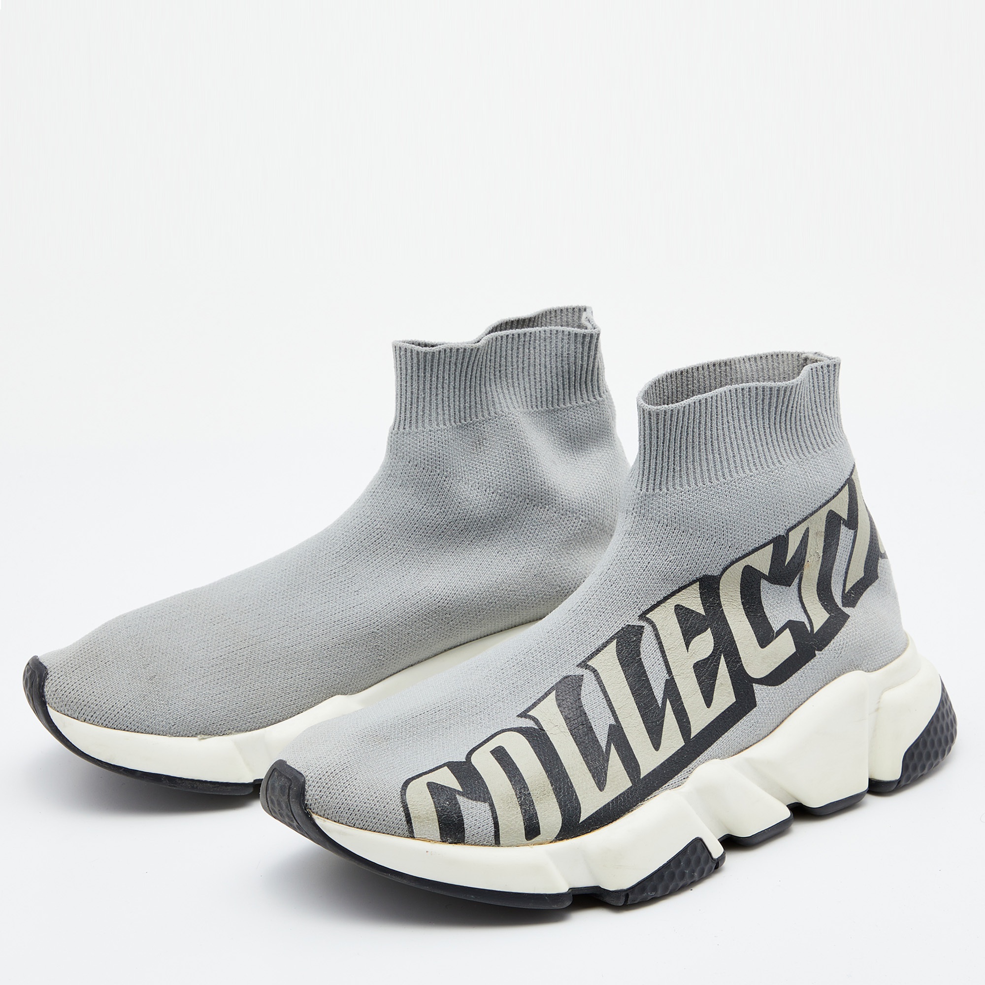 

Balenciaga Grey Knit Fabric Europe Collection Print Speed Trainer Sneakers Size