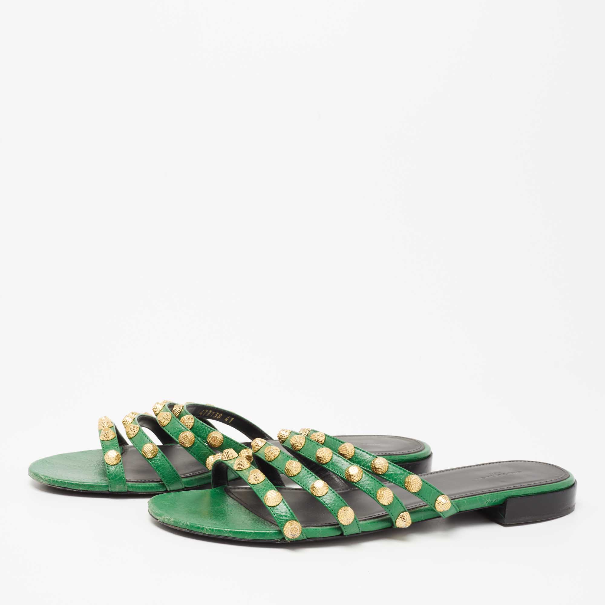 

Balenciaga Green Studded Leather Flat Slides Size
