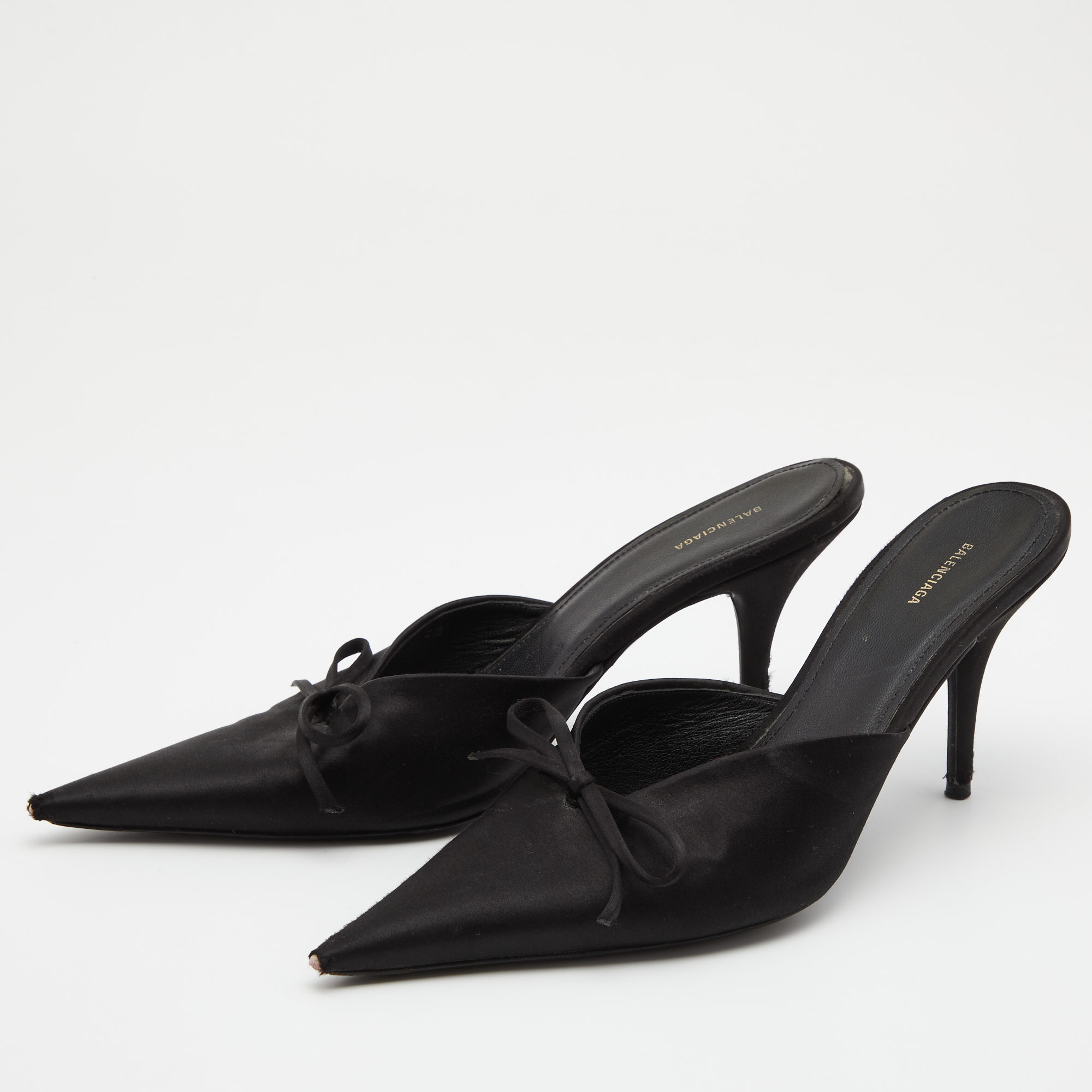 

Balenciaga Black Satin Knife Mule Sandals Size