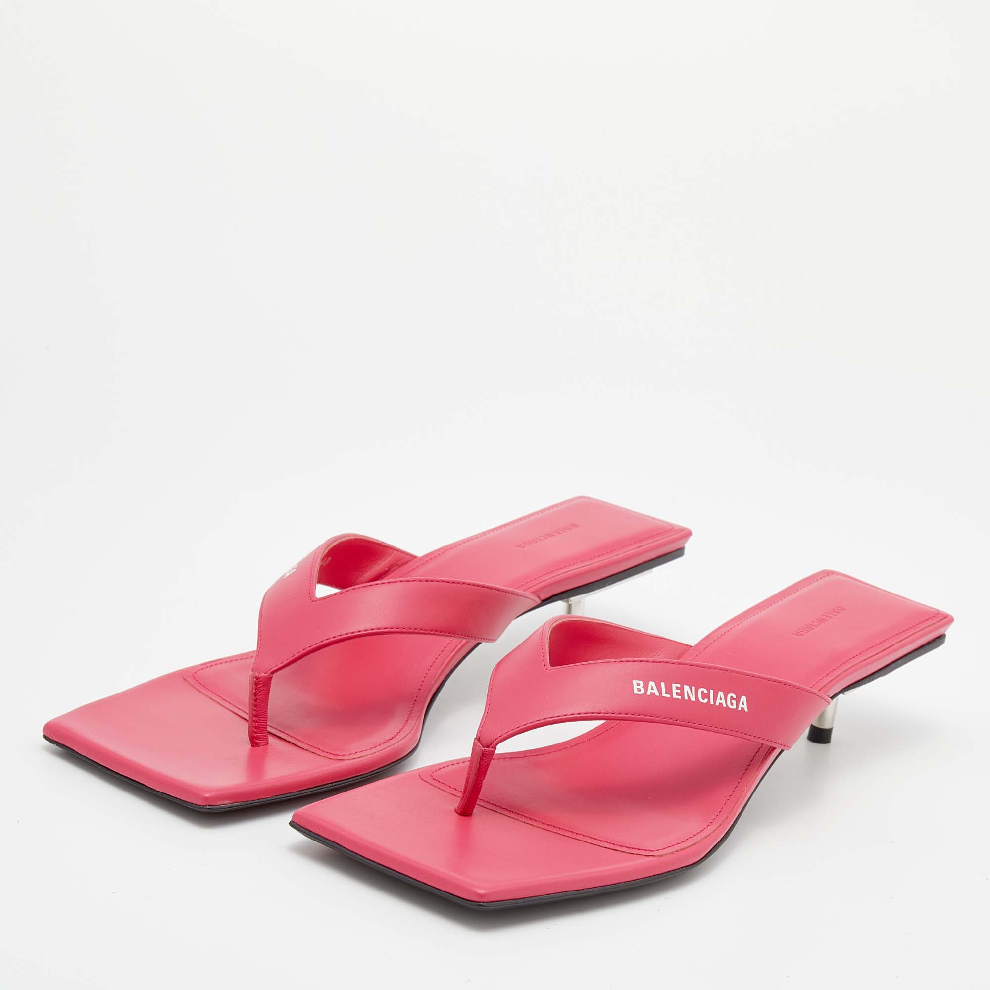 

Balenciaga Pink Leather Thong Square Toe Slide Sandals Size