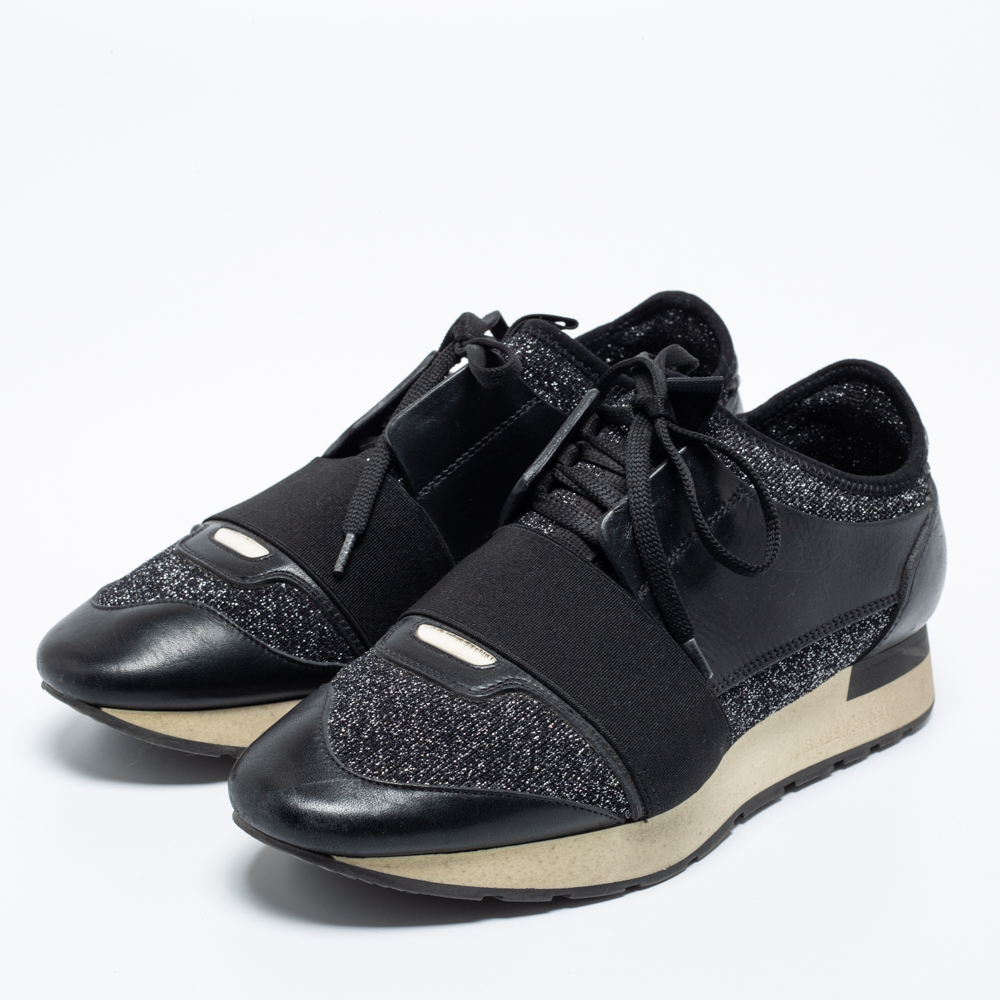 

Balenciaga Black Glitter Fabric And Leather Race Runner Sneakers Size