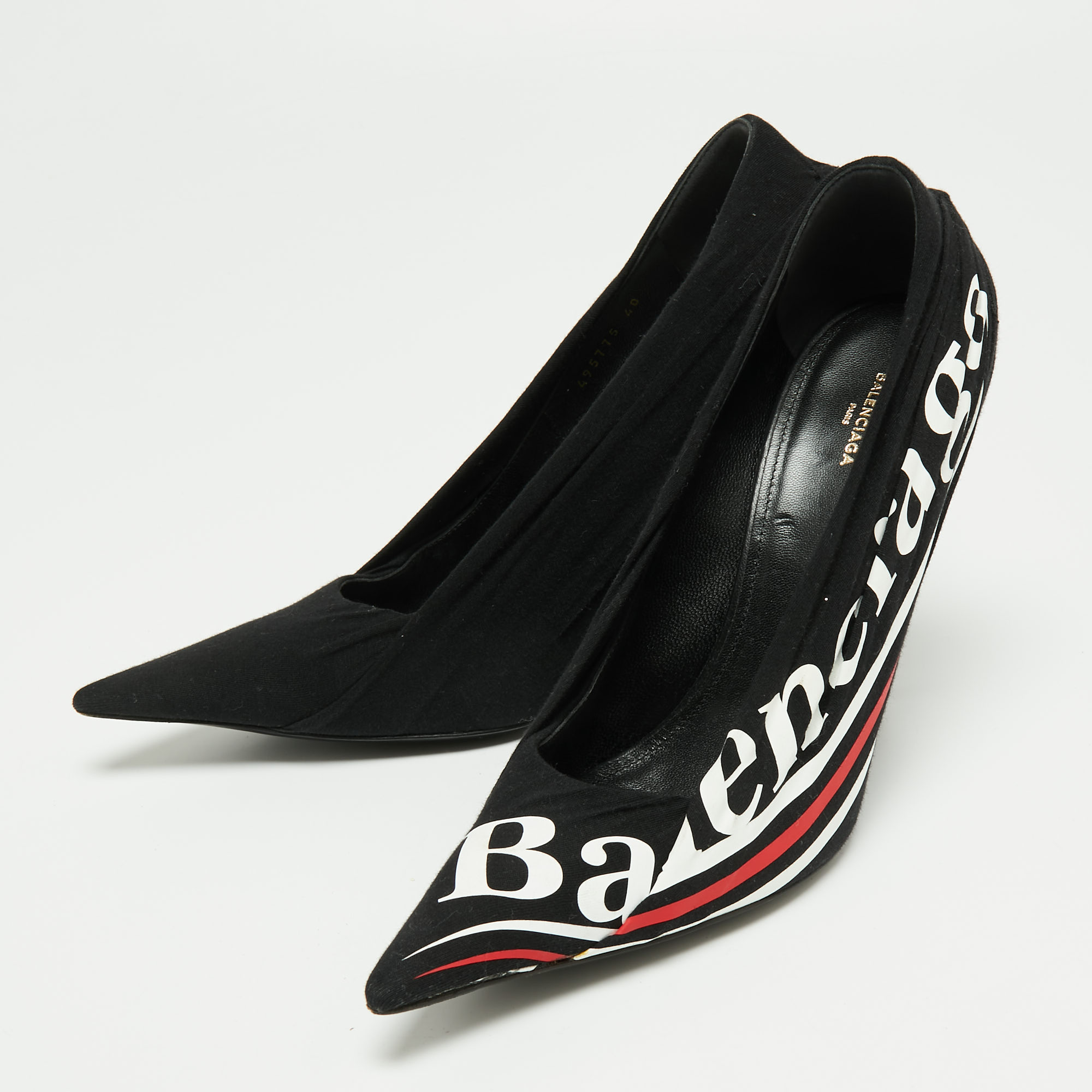 

Balenciaga Black Pleated Fabric and Leather Logo Knife Pumps Size