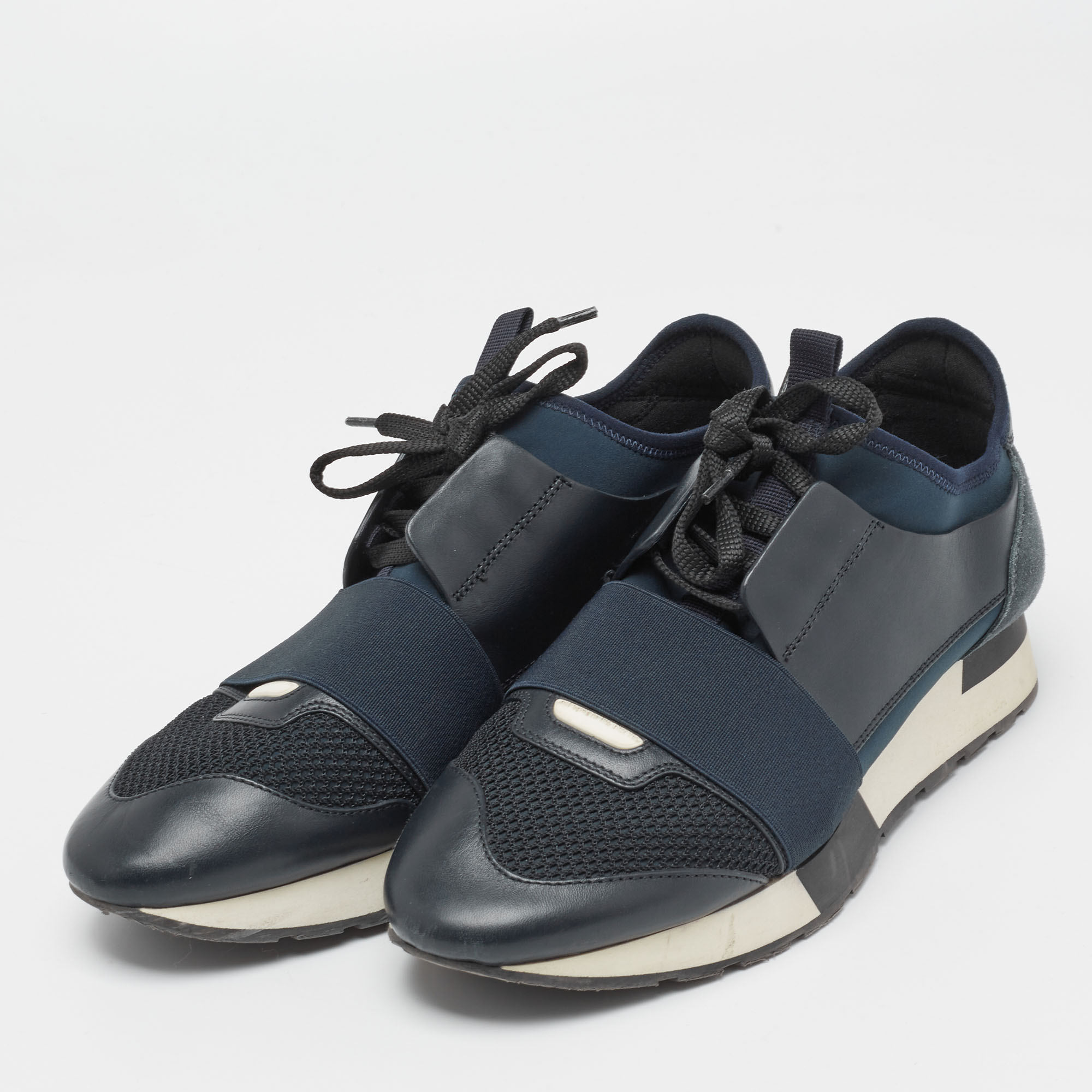 

Balenciaga Navy Blue Leather And Woven Knit Fabric Race Runner Sneakers Size
