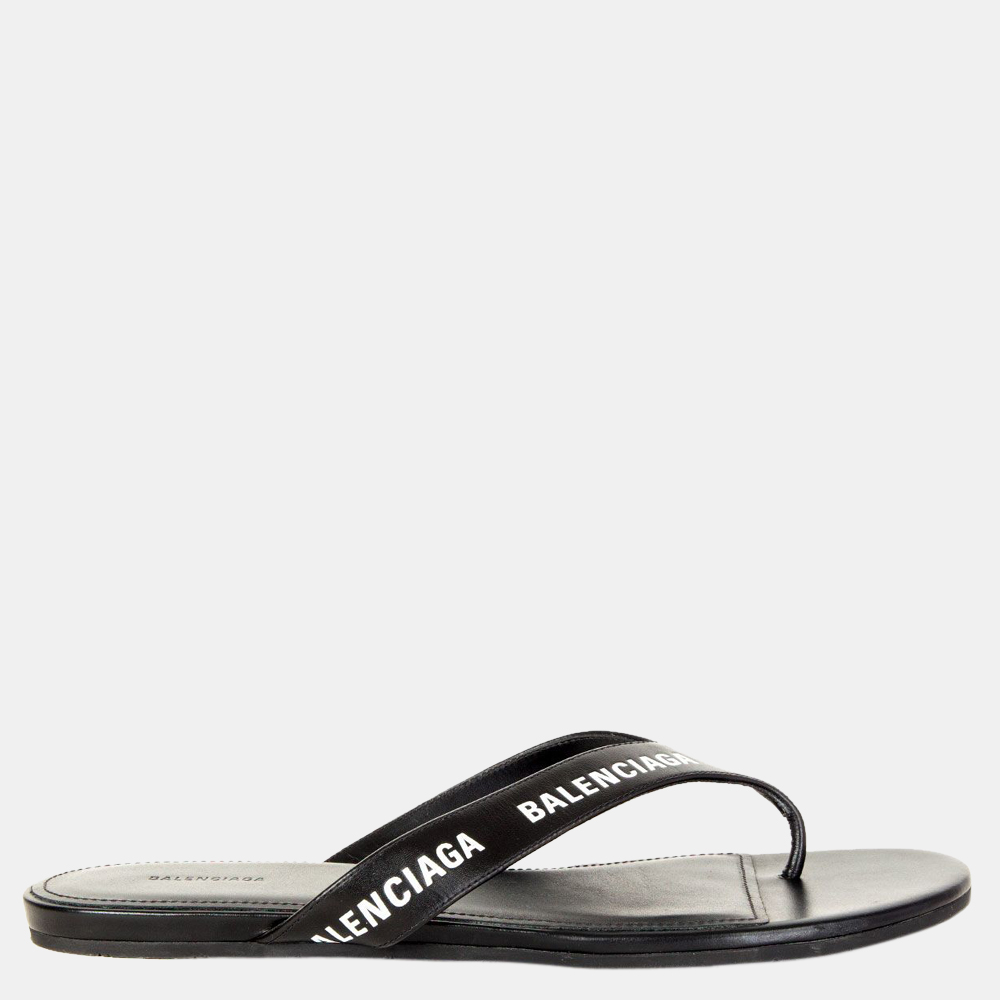 

Balenciaga Black Leather Printed Flip Flops EU