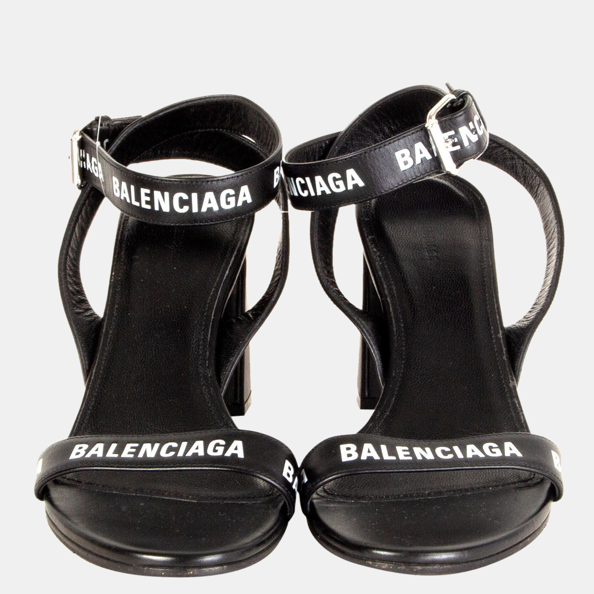 

Balenciaga Black Logo Print Leather Block-Heel Sandals EU