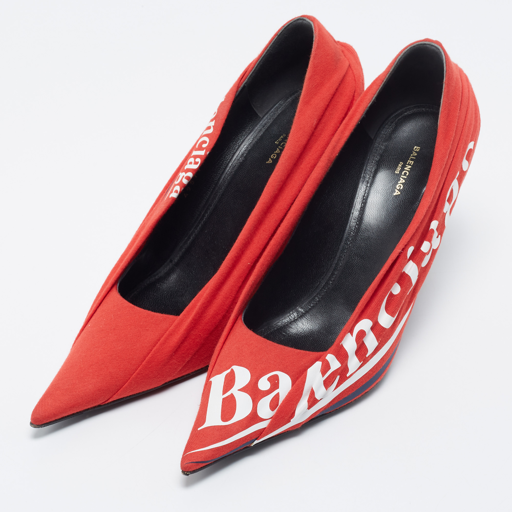 

Balenciaga Red Fabric And Leather Knife Logo Pointed Toe Pumps Size