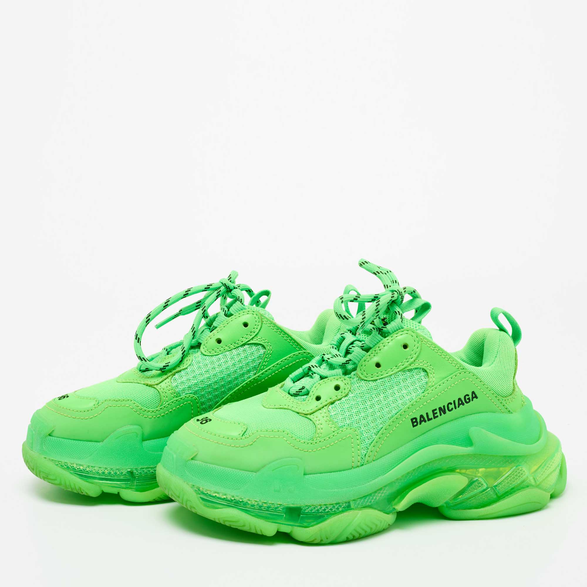 

Balenciaga Green Leather And Mesh Triple S Clear Sneakers Size