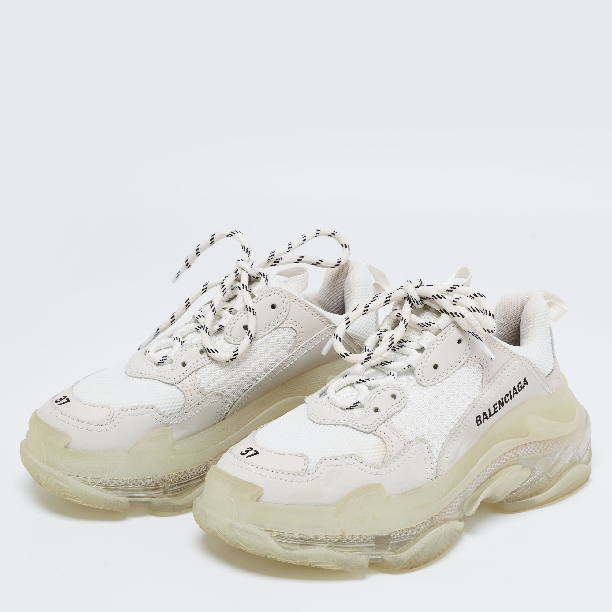 

Balenciaga White/Grey Mesh and Leather Triple S Clear Low-Top Sneakers Size