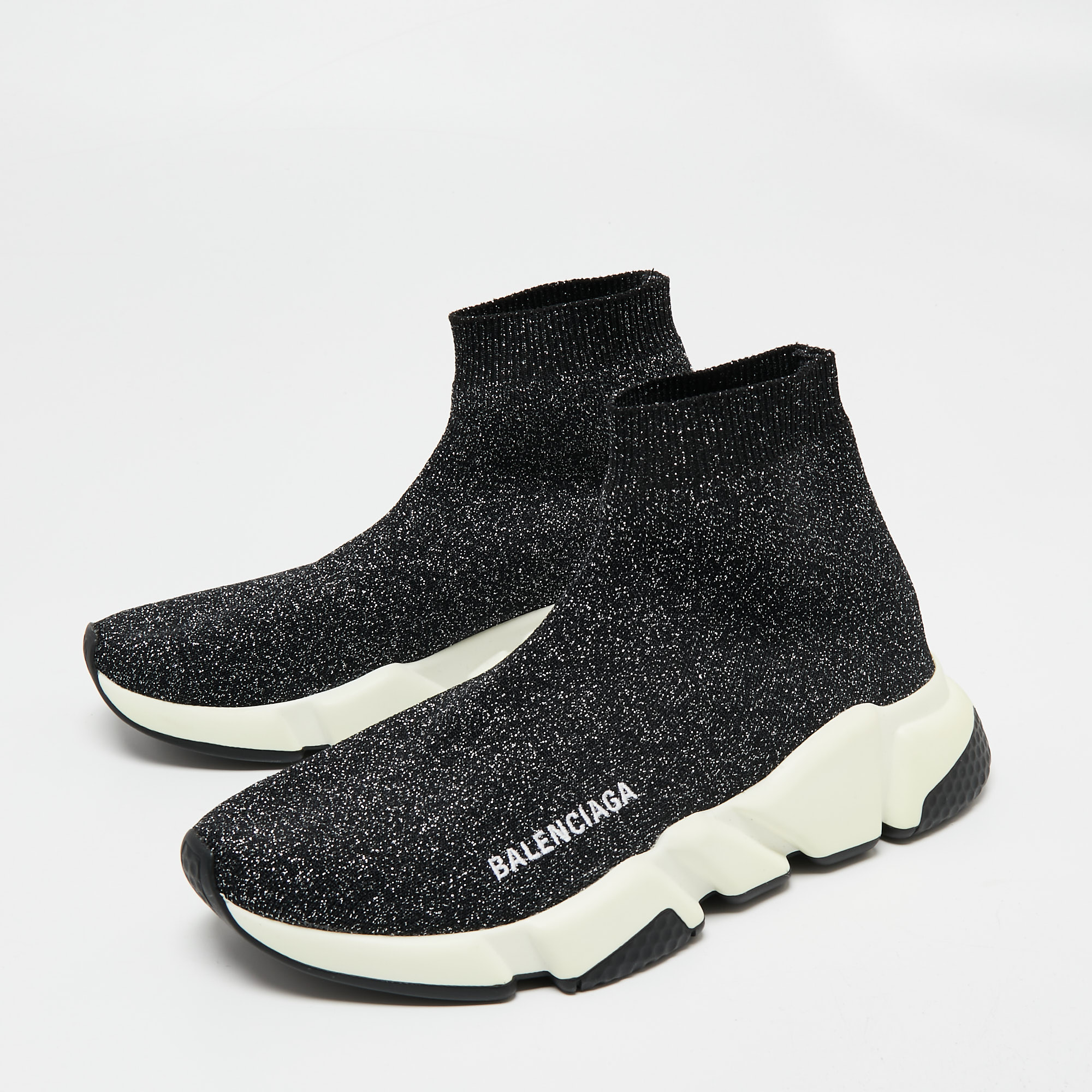 

Balenciaga Black/Silver Glitter Knit Fabric Speed Trainer High-Top Sneakers Size