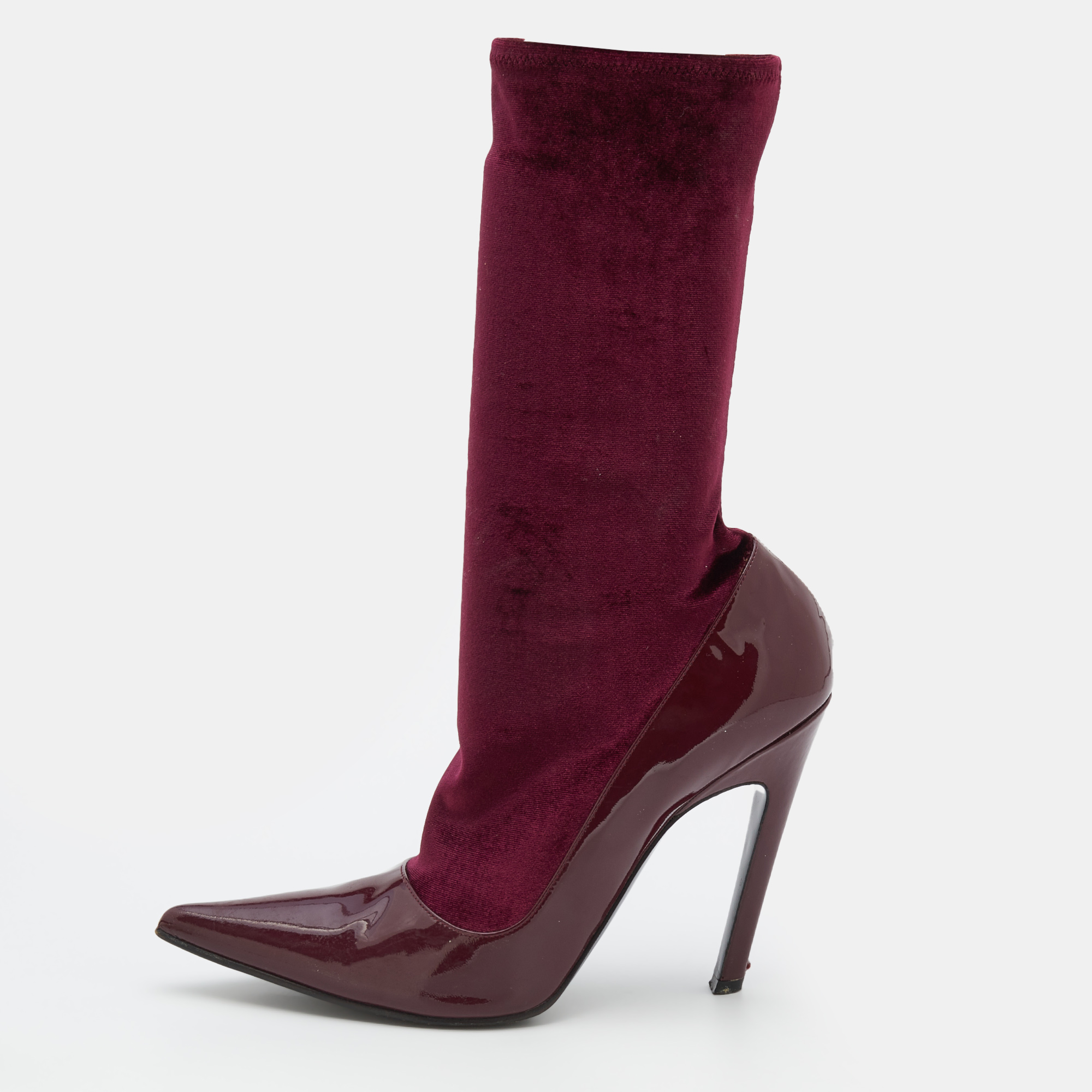 

Balenciaga Burgundy Patent Leather And Velvet Knife Stretch Sock Boots Size