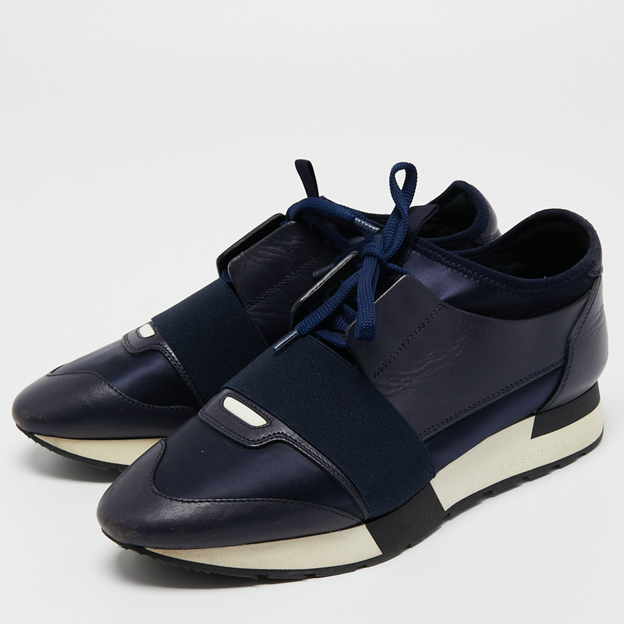 

Balenciaga Navy Blue Satin and Leather Race Runner Sneakers Size