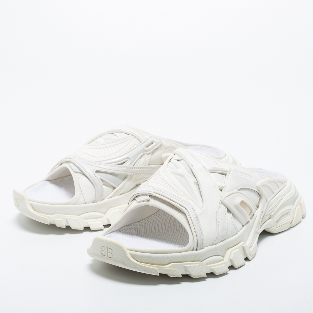 

Balenciaga White Synthetic Leather and Rubber Track Flat Slides Size