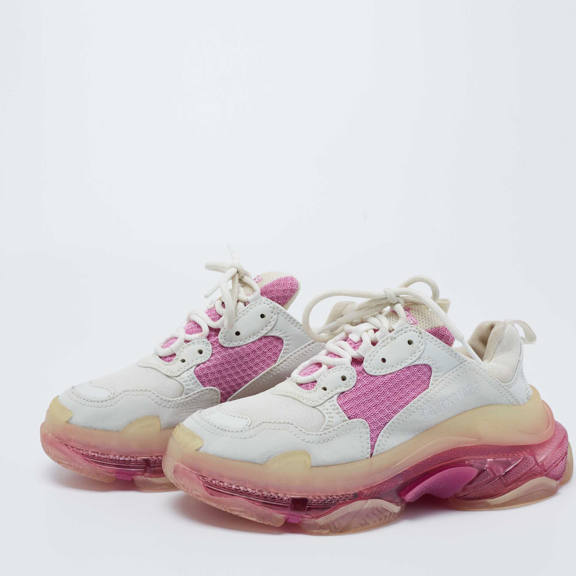 

Balenciaga White/Pink Leather and Mesh Triple S Clear Sneakers Size
