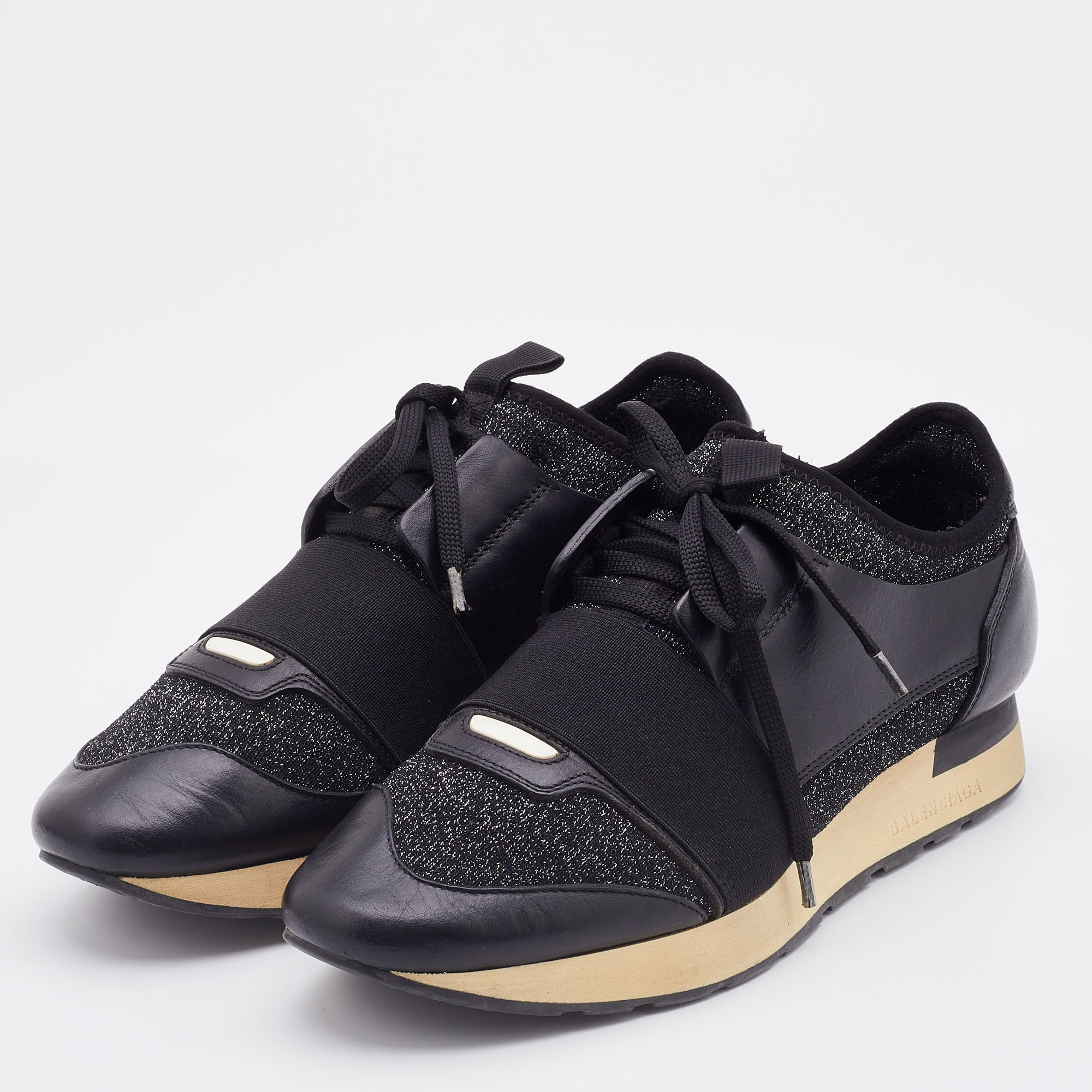 

Balenciaga Black Knit Fabric and Leather Race Runner Low Top Sneakers Size