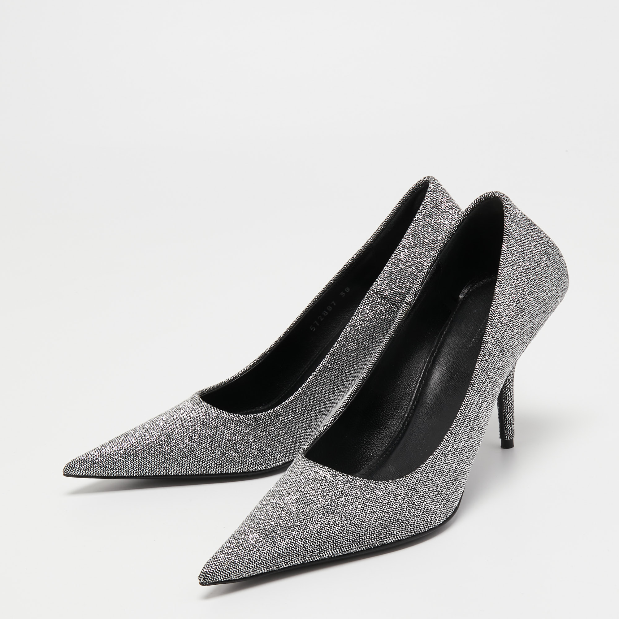 

Balenciaga Silver/Black Lurex Fabric Square Knife Pumps Size