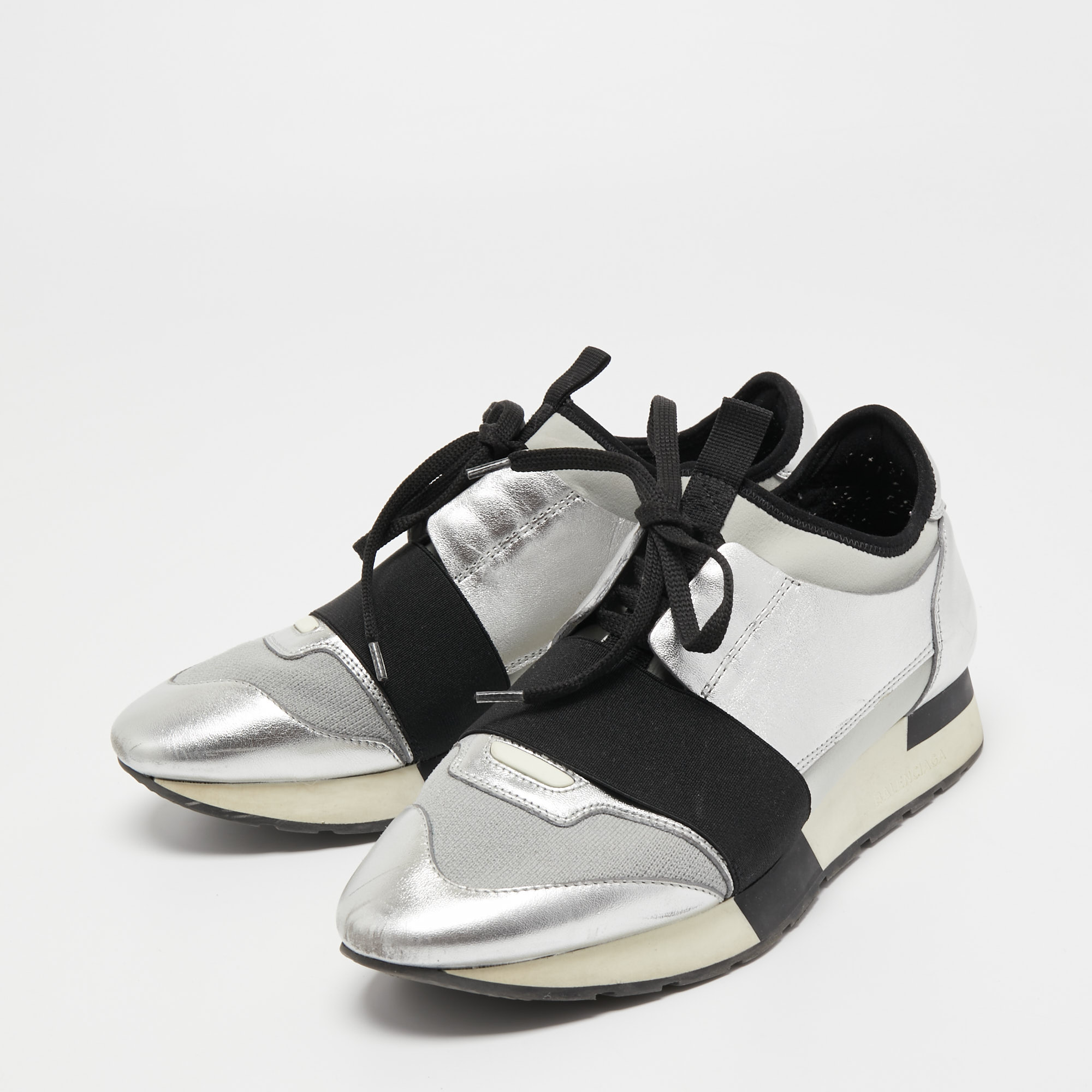 

Balenciaga Silver/Black Leather and Fabric Race Runner Sneakers Size
