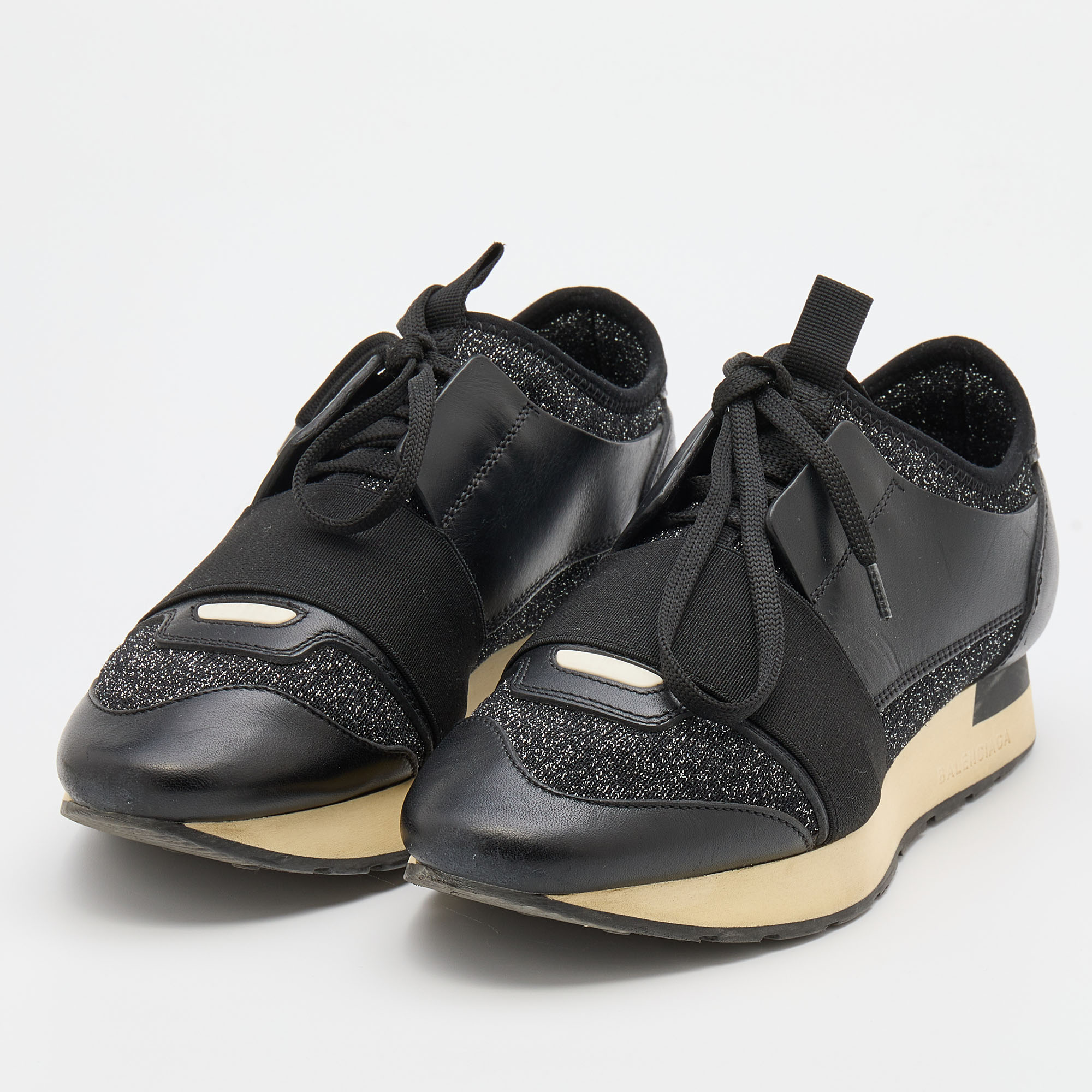 

Balenciaga Black Leather and Stretch Knit Race Runner Low Top Sneakers Size