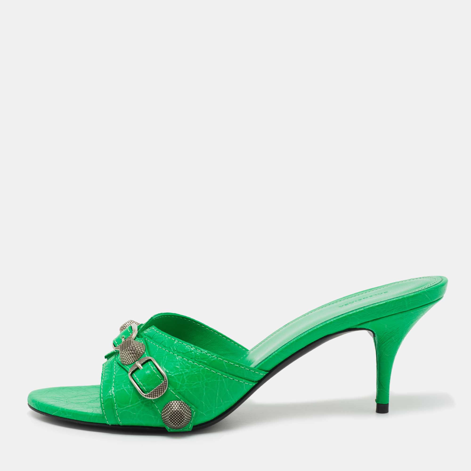 

Balenciaga Neon Green Leather Cagole Slide Sandals Size