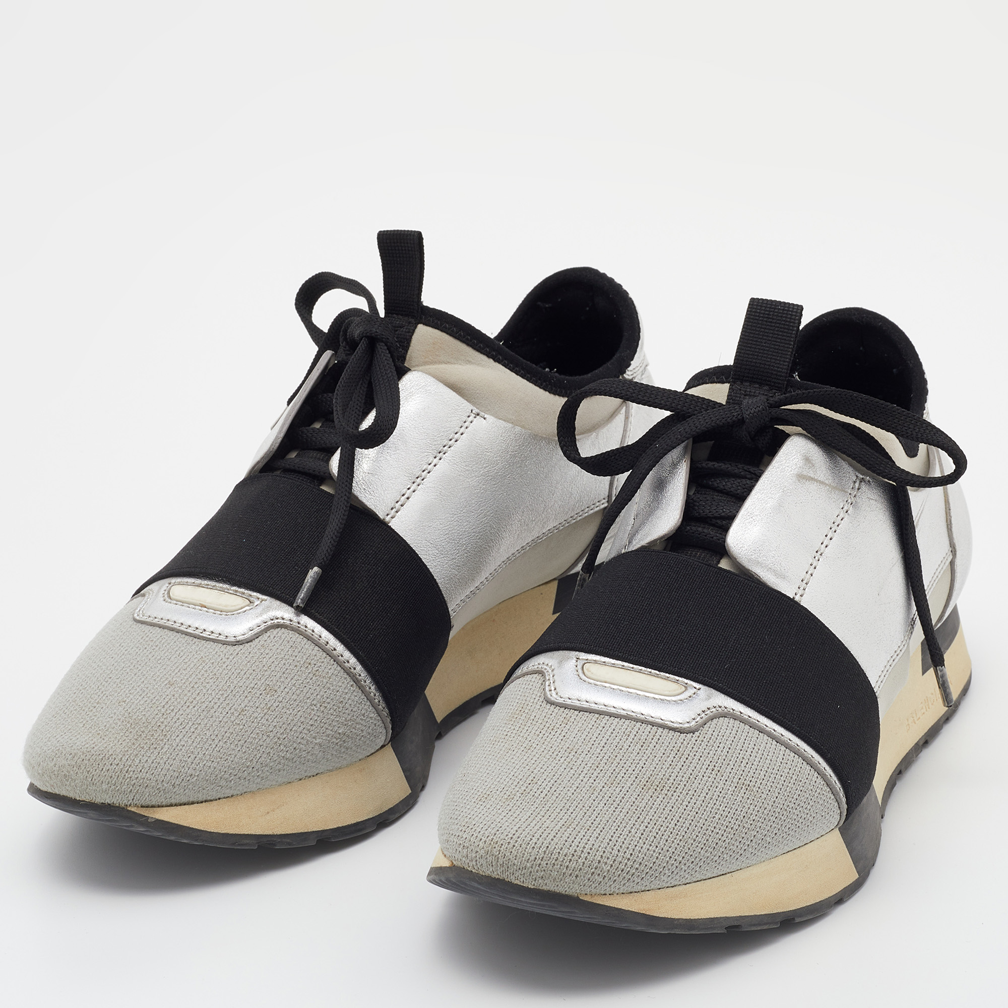 

Balenciaga Silver/Grey Leather and Knit Fabric Race Runner Sneakers Size