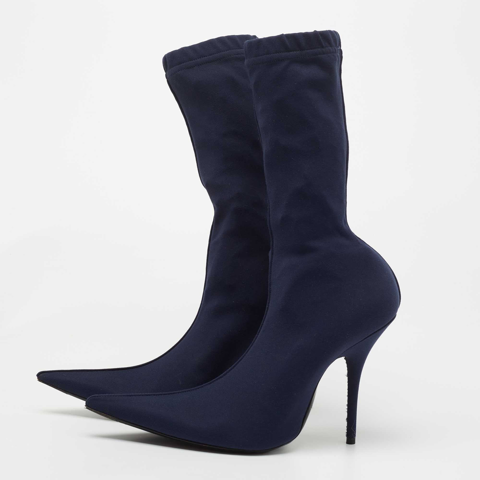 

Balenciaga Navy Blue Stretch Fabric Knife Mid Calf Boots Size