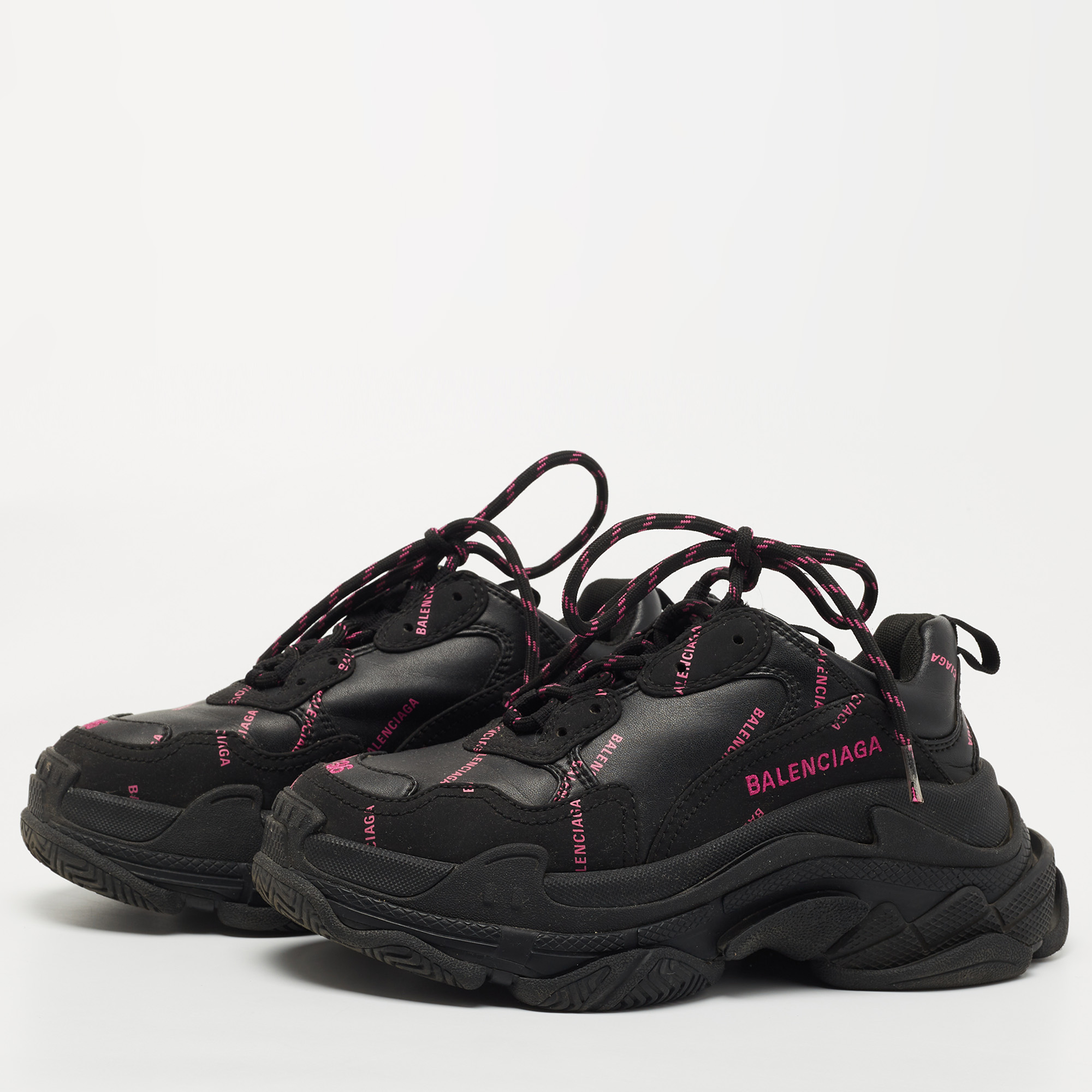 

Balenciaga Black/Pink Logo Print Leather Triple S Sneakers Size