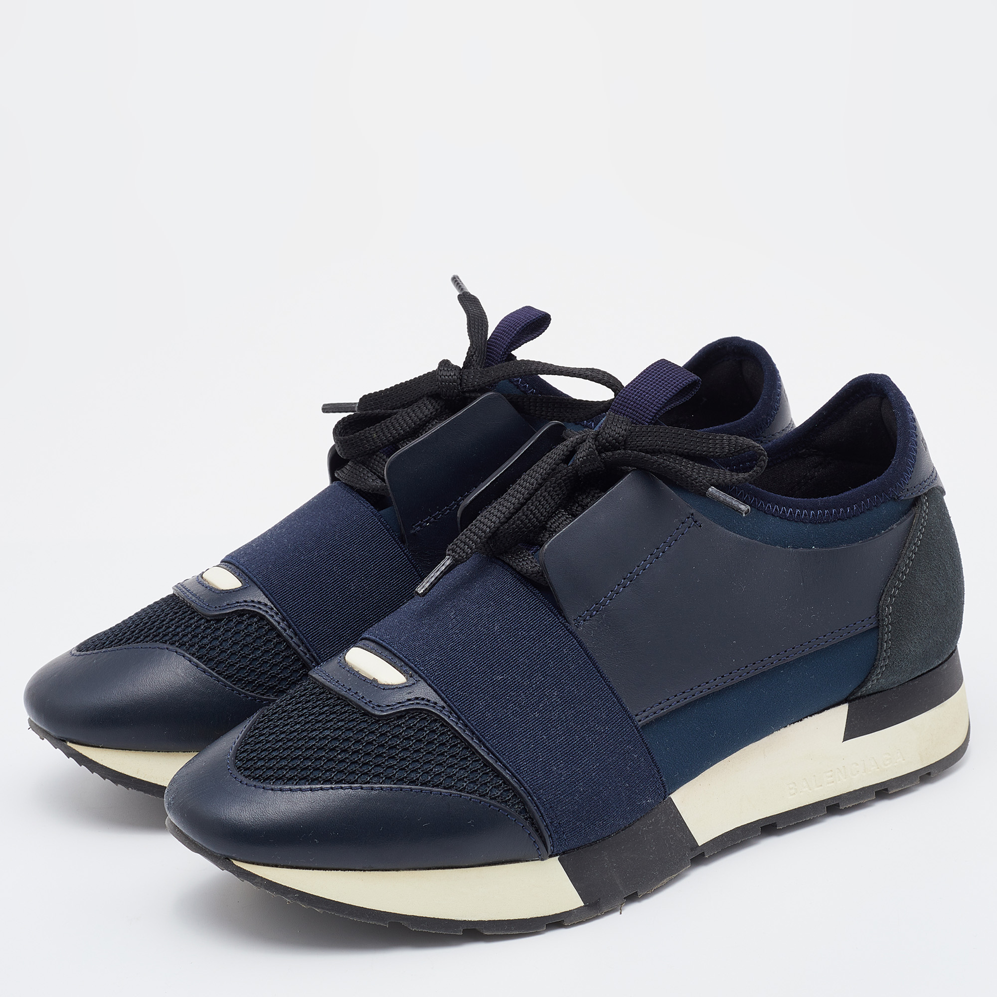 

Balenciaga Navy Blue/Black Leather and Mesh Race Runner Sneakers Size