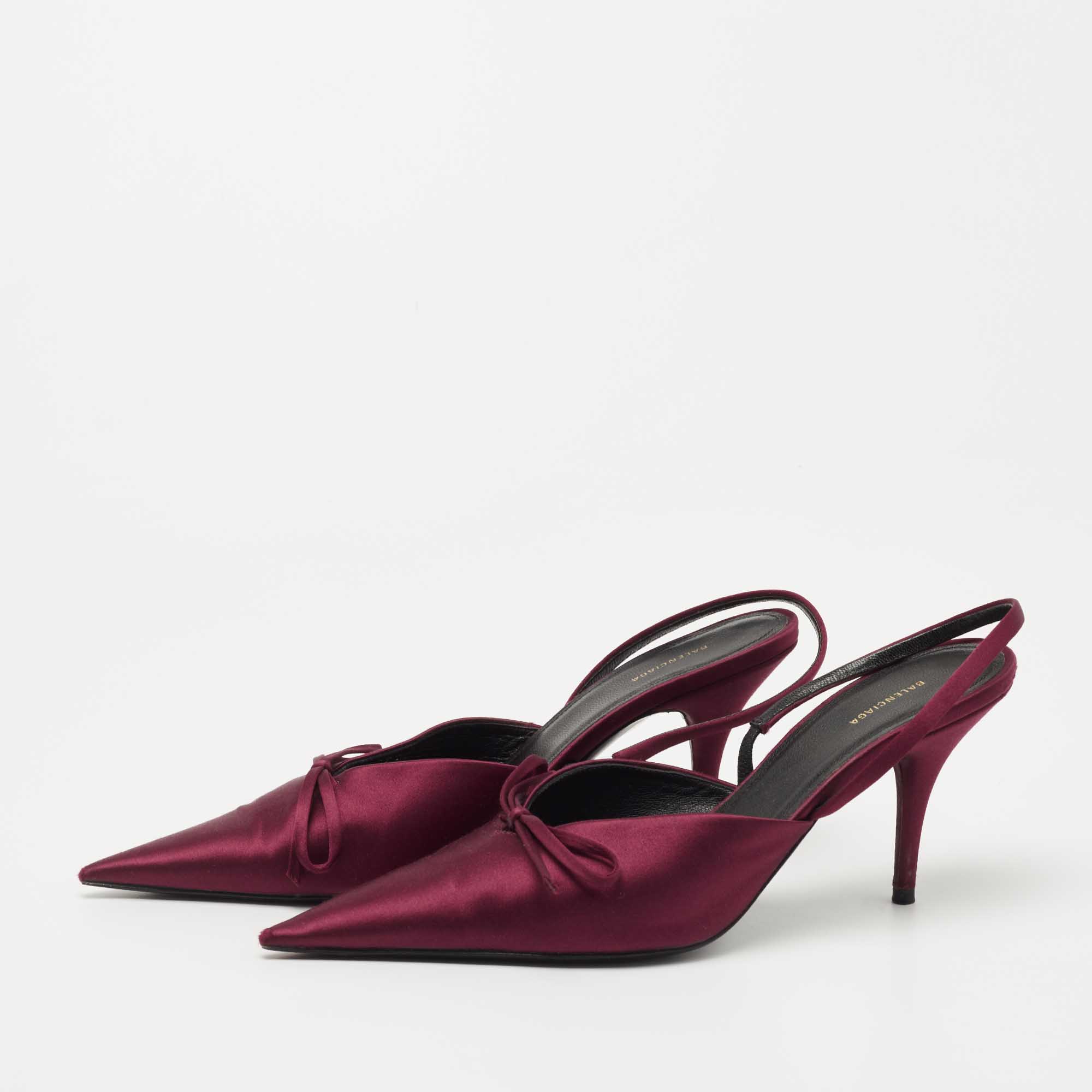 

Balenciaga Burgundy Satin Bow Knife Slingback Pumps Size