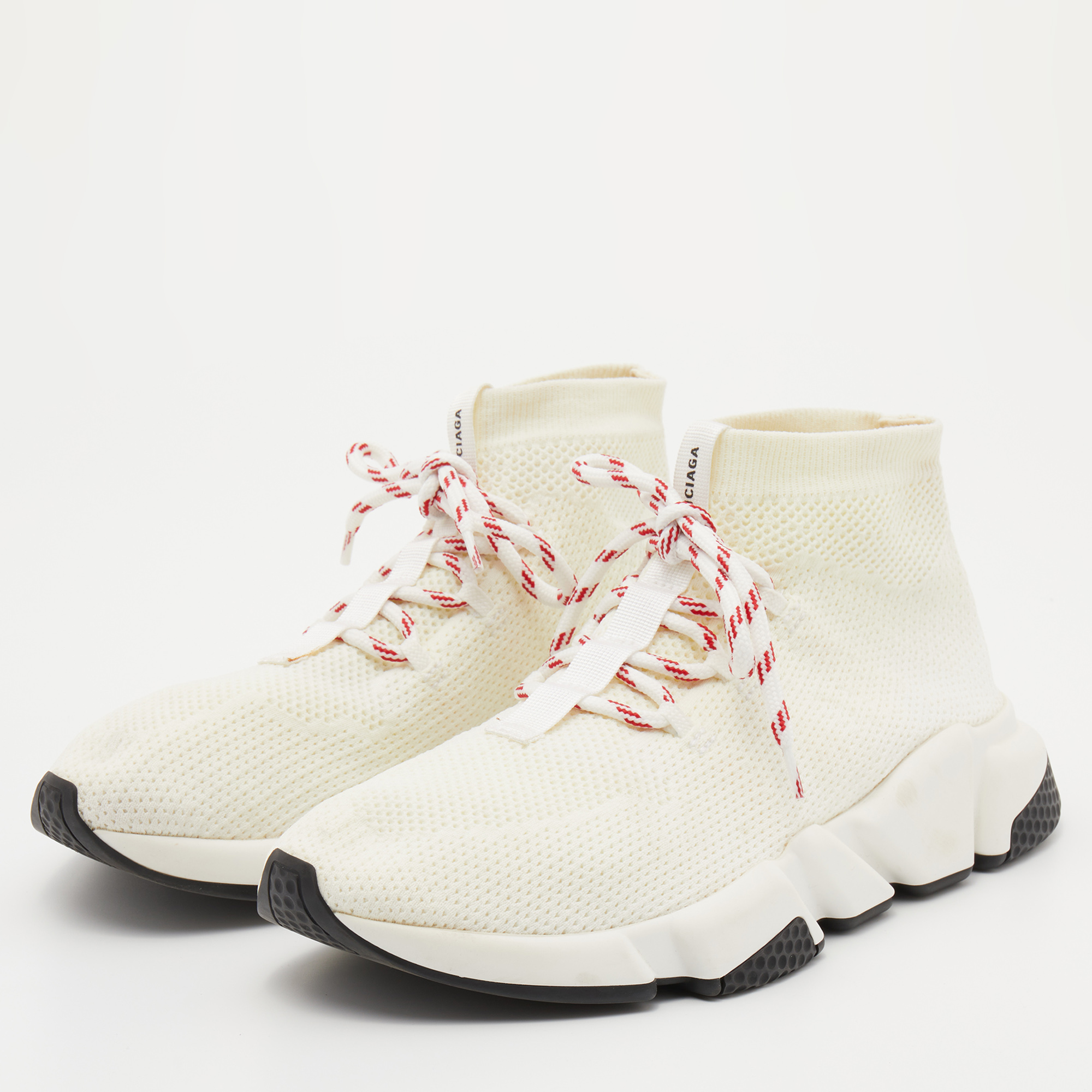 

Balenciaga Off White Knit Fabric Speed Lace Up High Top Sneakers Size