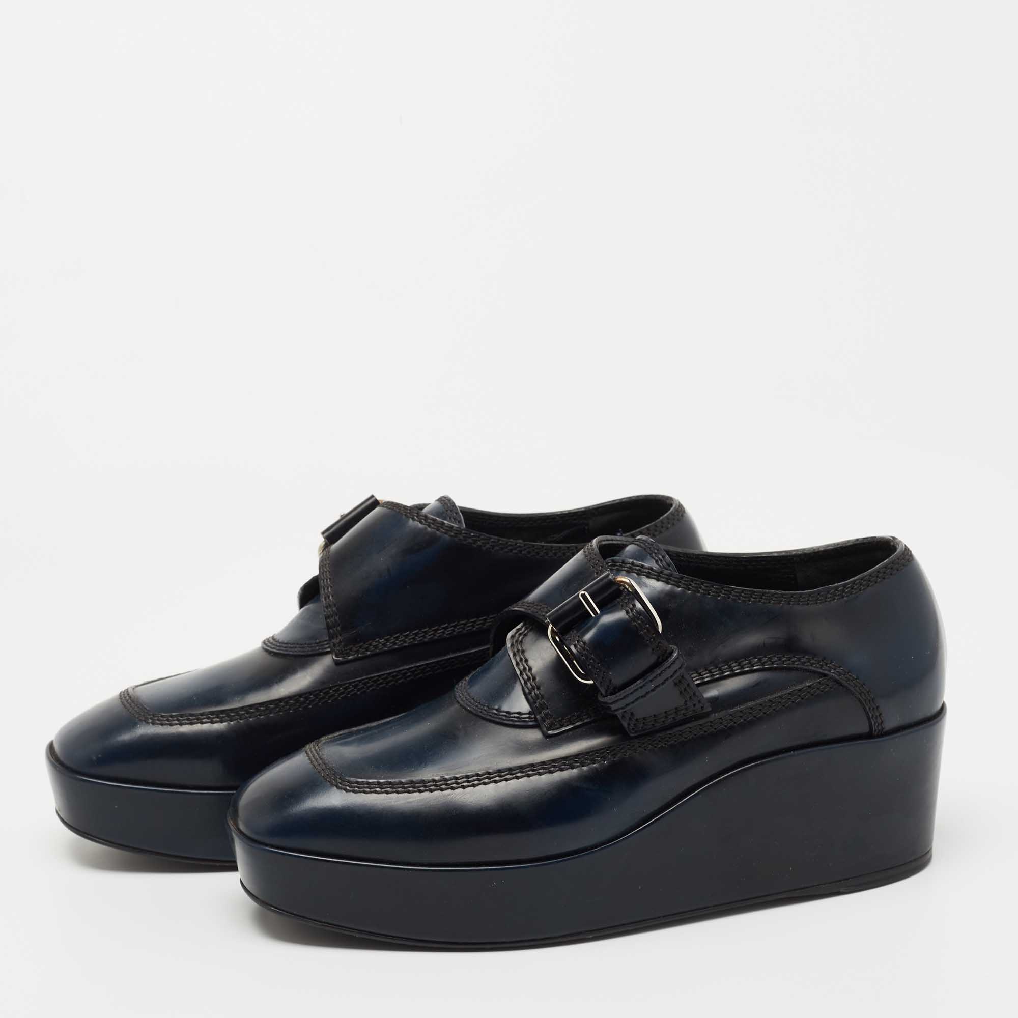 

Balenciaga Two Tone Leather Monk Strap Platform Loafers Size, Navy blue
