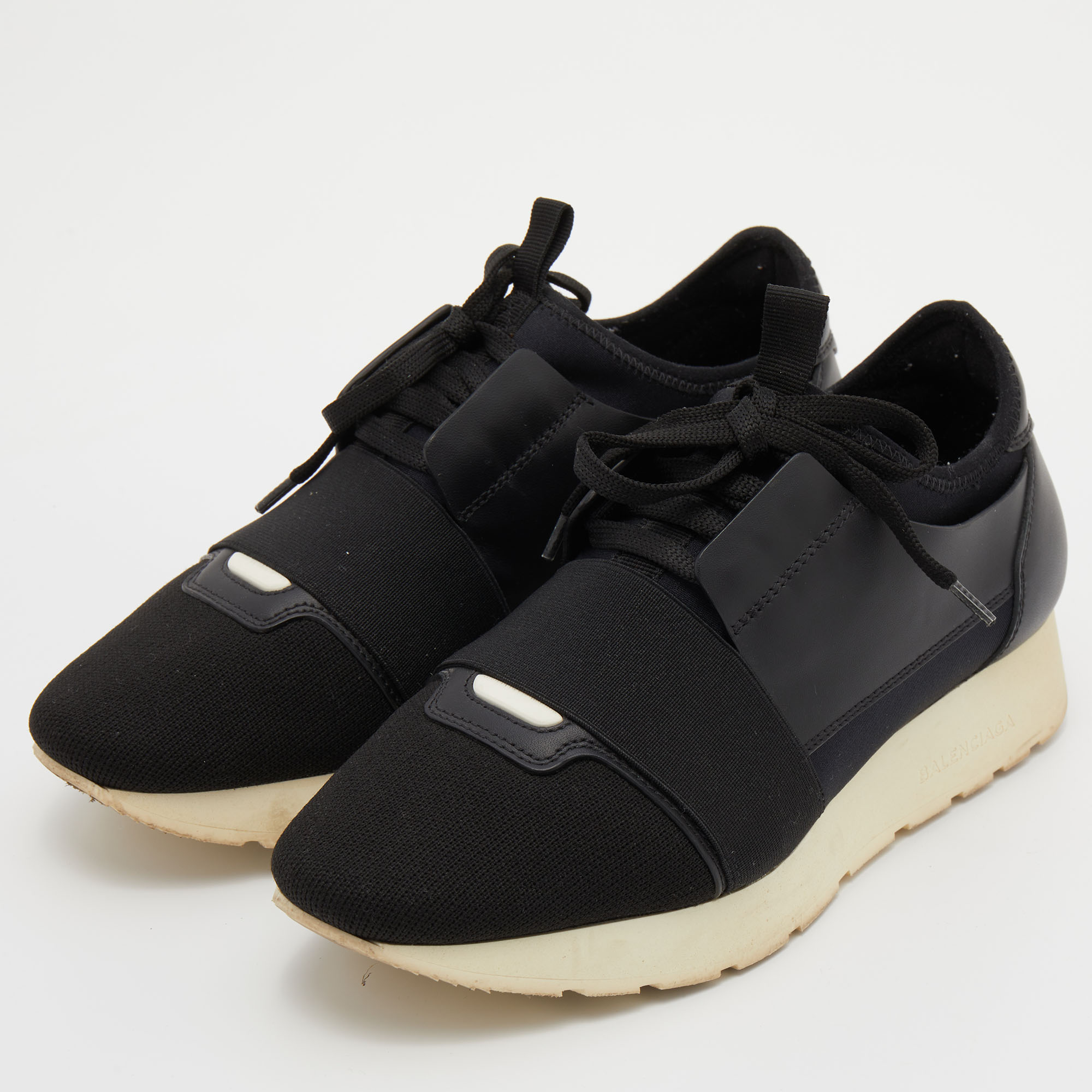 

Balenciaga Black Leather and Knit Fabric Race Runner Sneakers Size