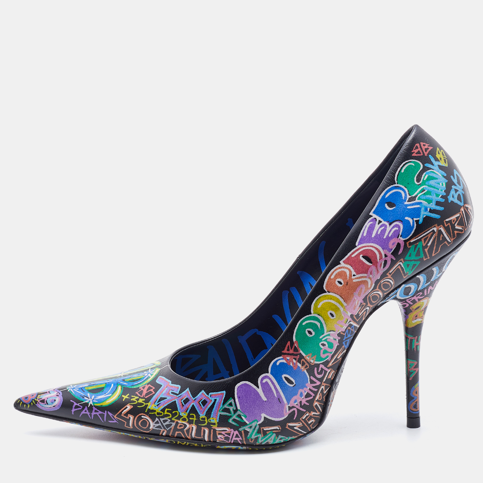 Pre Owned Balenciaga Black Leather Graffiti Print BB Pointed Toe Pumps Size 38