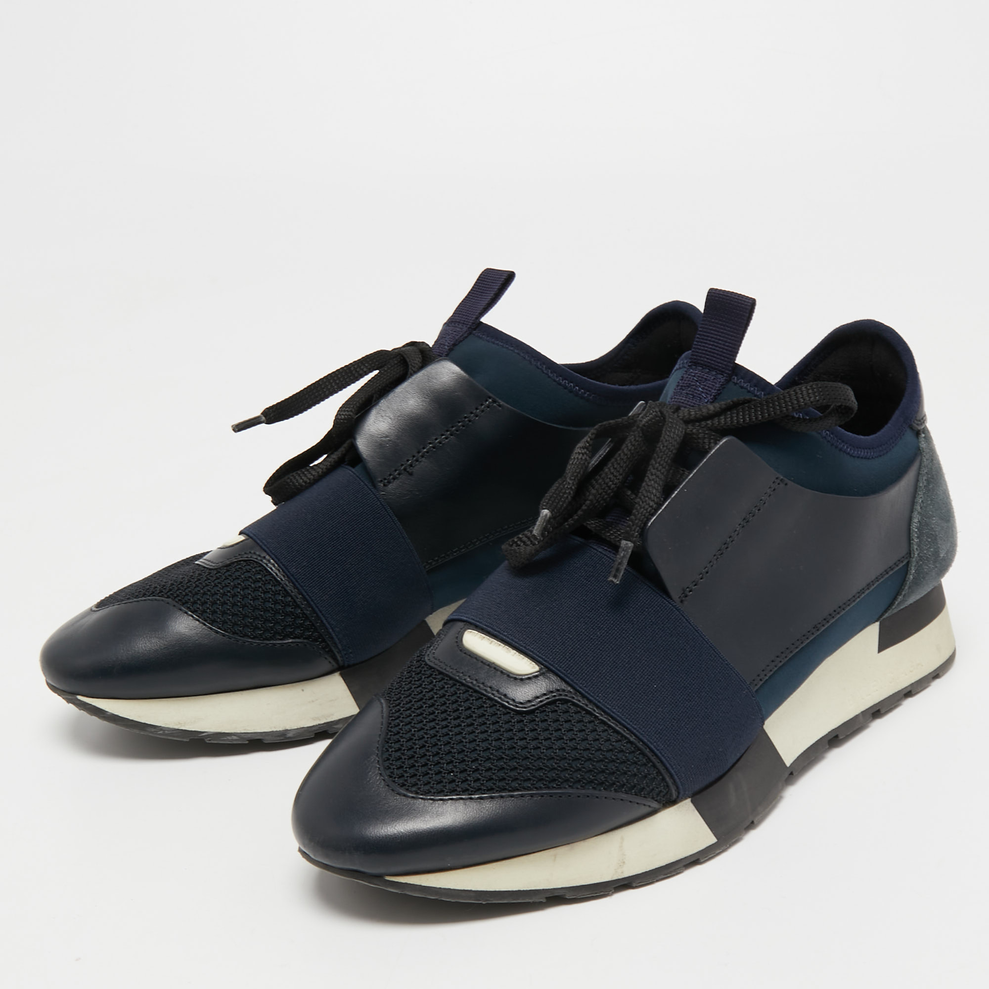 

Balenciaga Navy Blue Leather and Suede Race Runner Sneakers Size