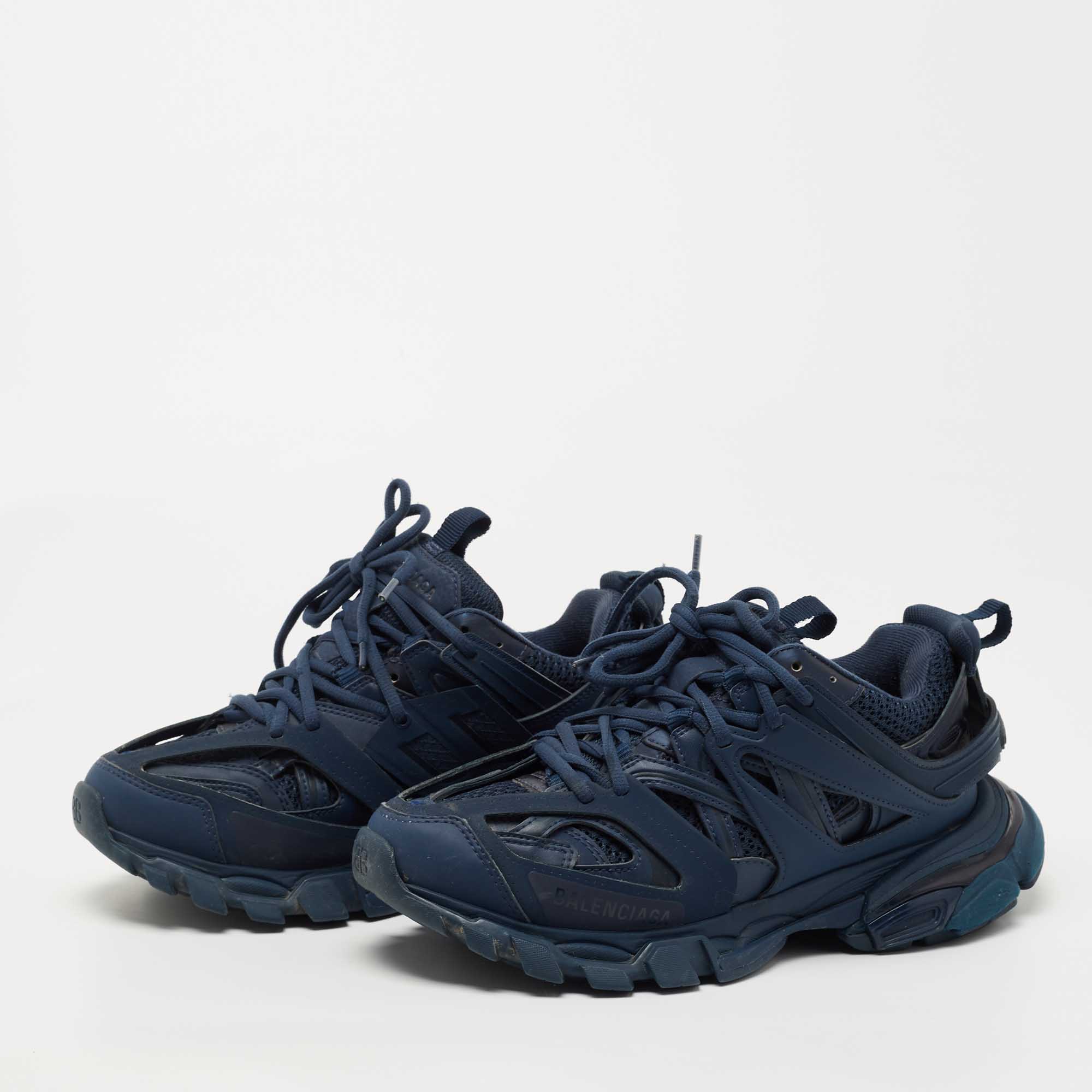 

Balenciaga Navy Blue Leather and Mesh Track Sneakers Size