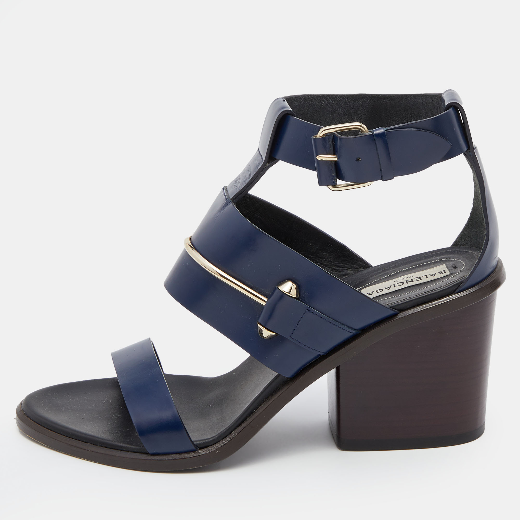 Pre-owned Balenciaga Navy Blue Leather Ankle Strap Sandals Size 37