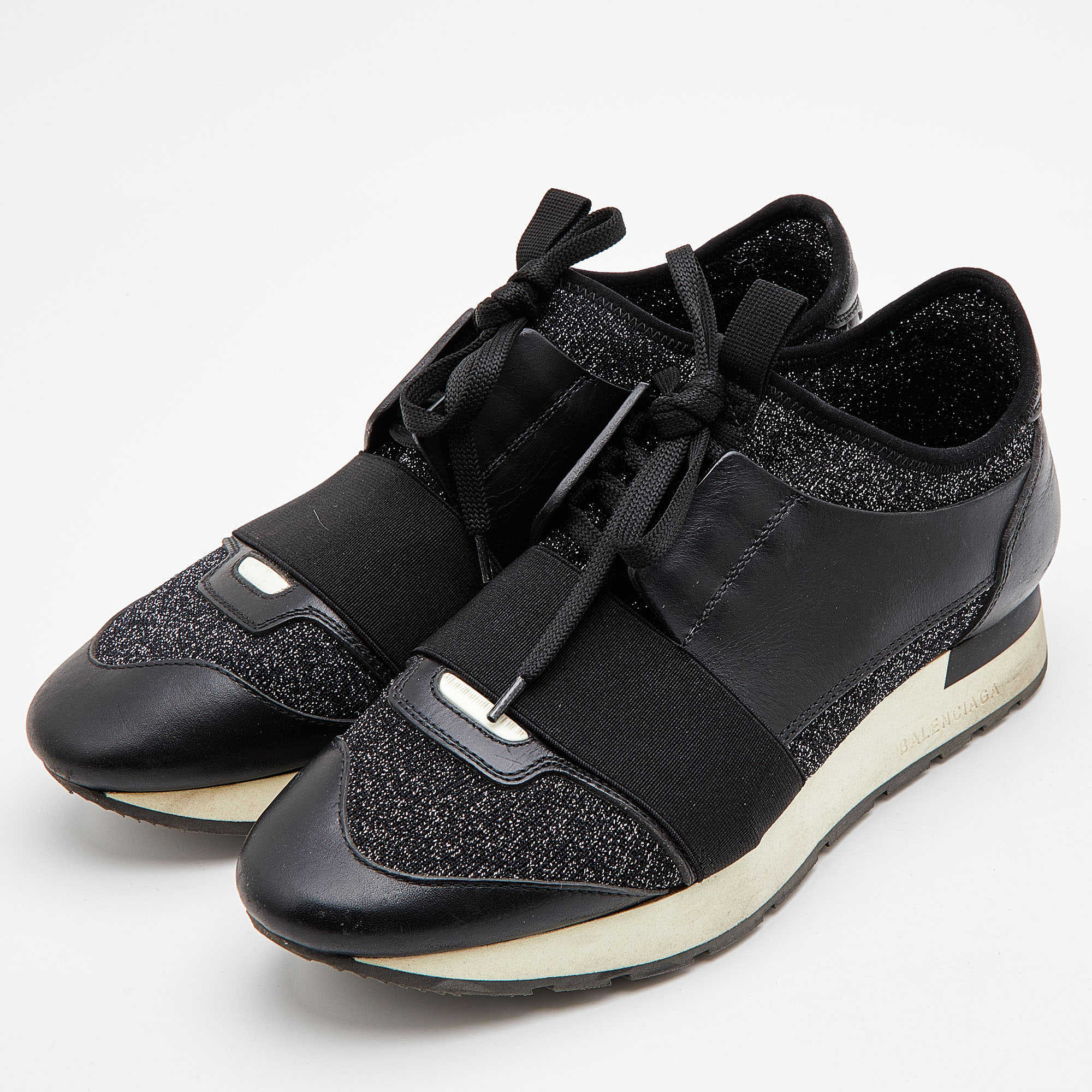 

Balenciaga Black Leather, Metallic Knit Fabric and Stretch Band Race Runner Sneakers Size