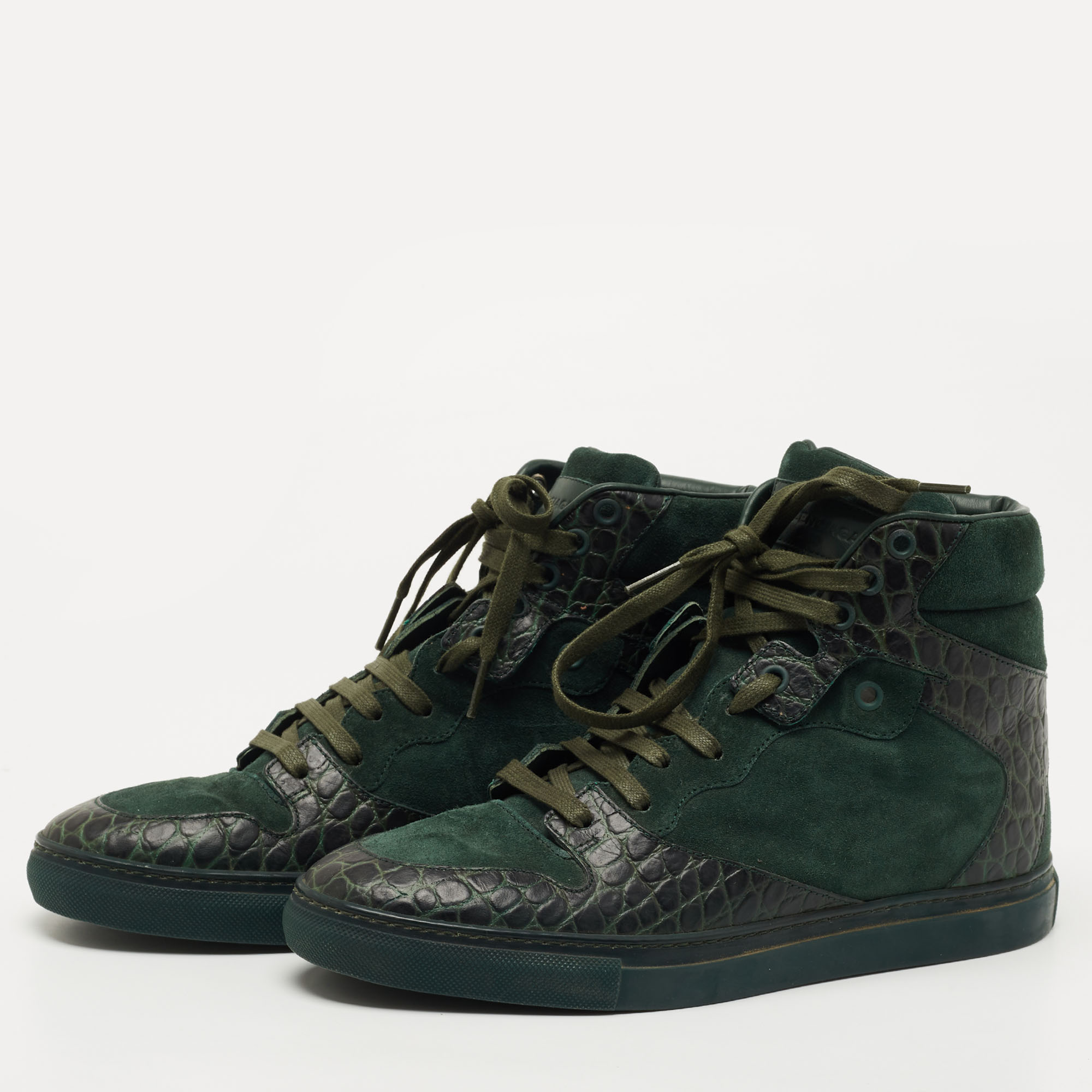 

Balenciaga Green Croc Embossed Leather and Suede High Top Sneakers Size