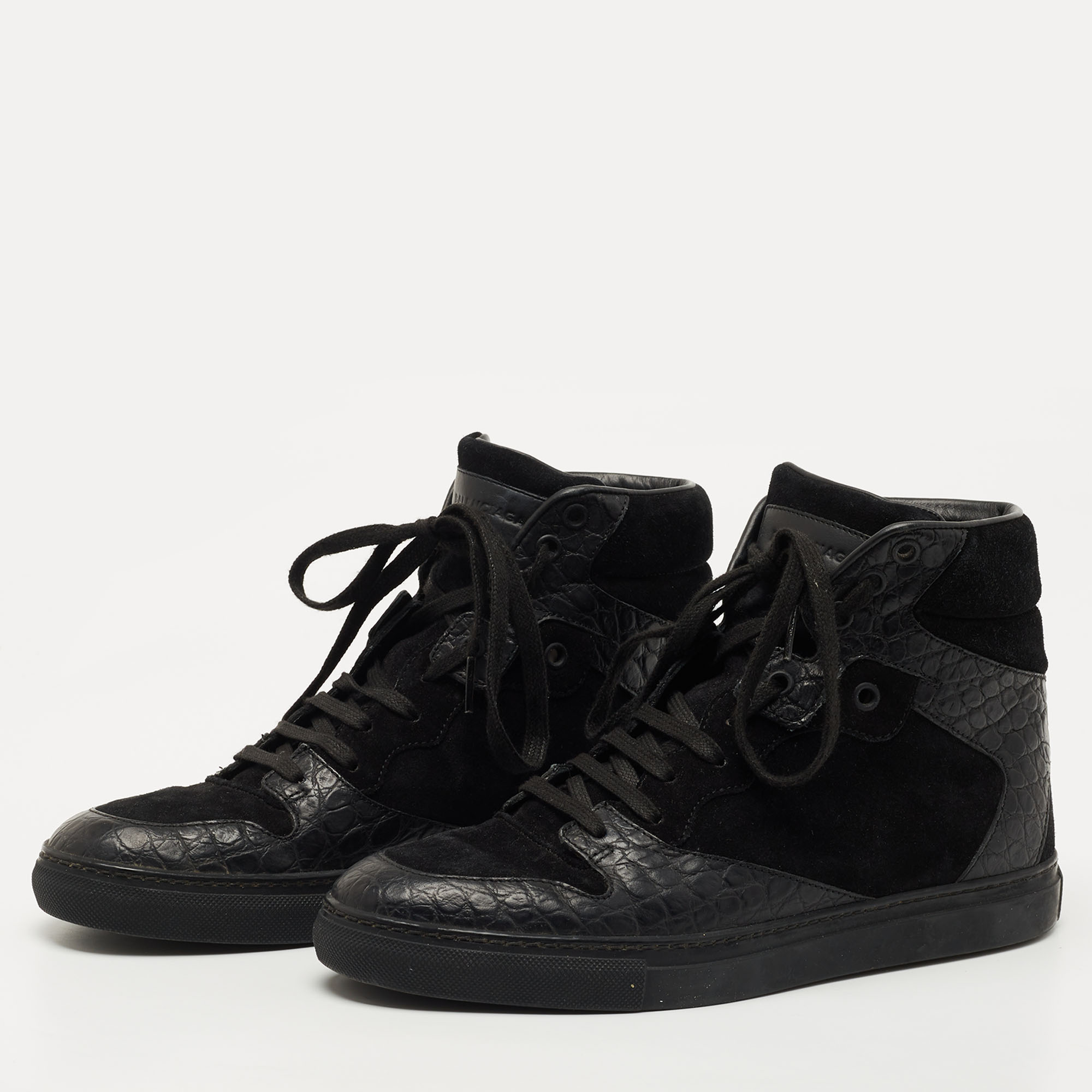 

Balenciaga Black Croc Embossed Leather and Suede High Top Sneakers Size