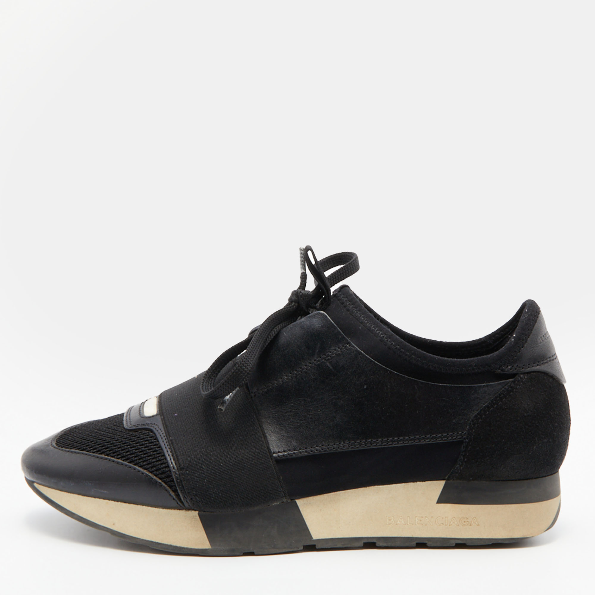Click to view more detailed imagery on our partner's website Pre-owned Balenciaga Black Leather Suede And Mesh Race Runner Trainers Size 36